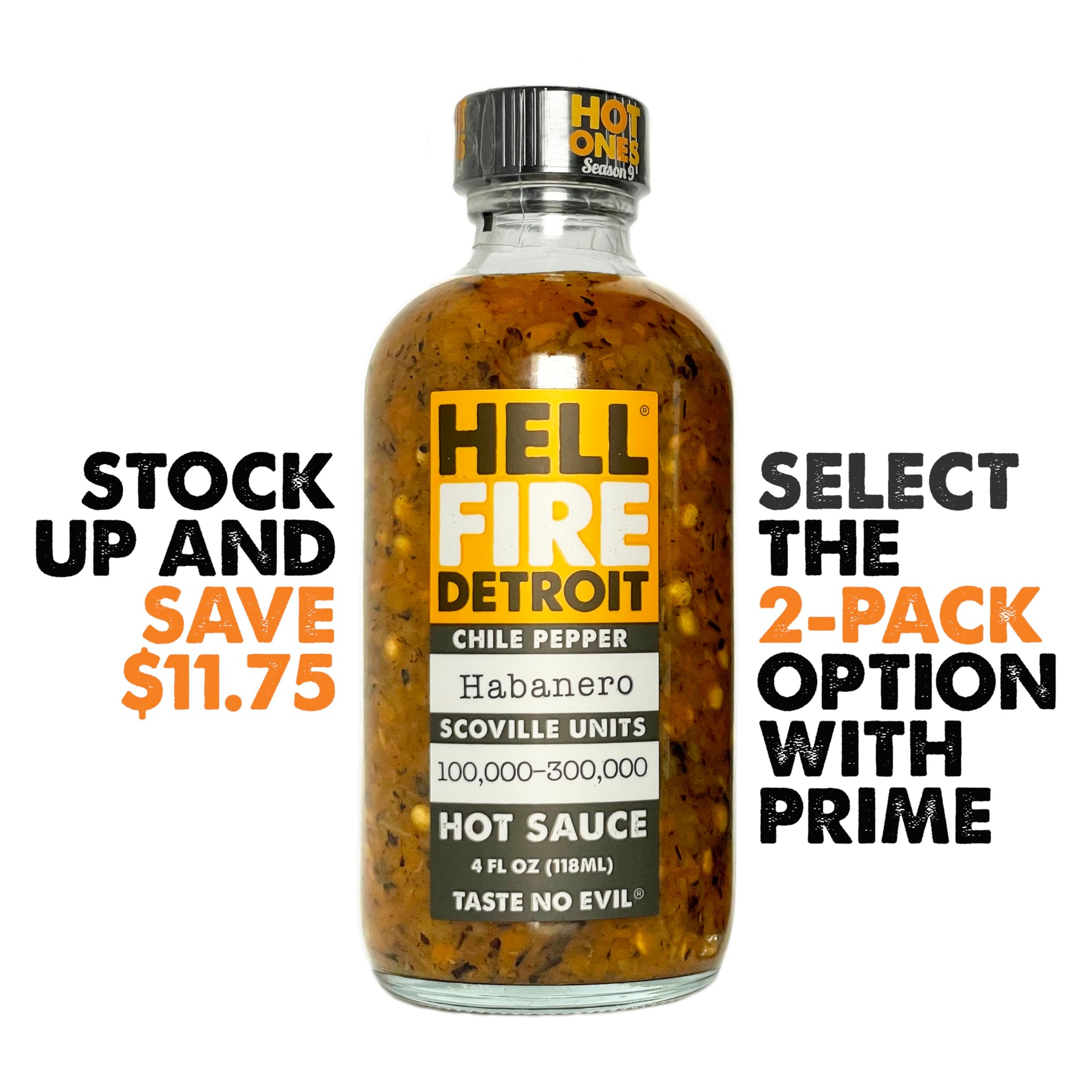 Hell Fire Detroit Habanero Hot Sauce (Extra-Hot), Crafted with Fresh, Fire-Roasted Habanero Chile Peppers, All-Natural, Vegan, Gluten-Free, Low Sodium