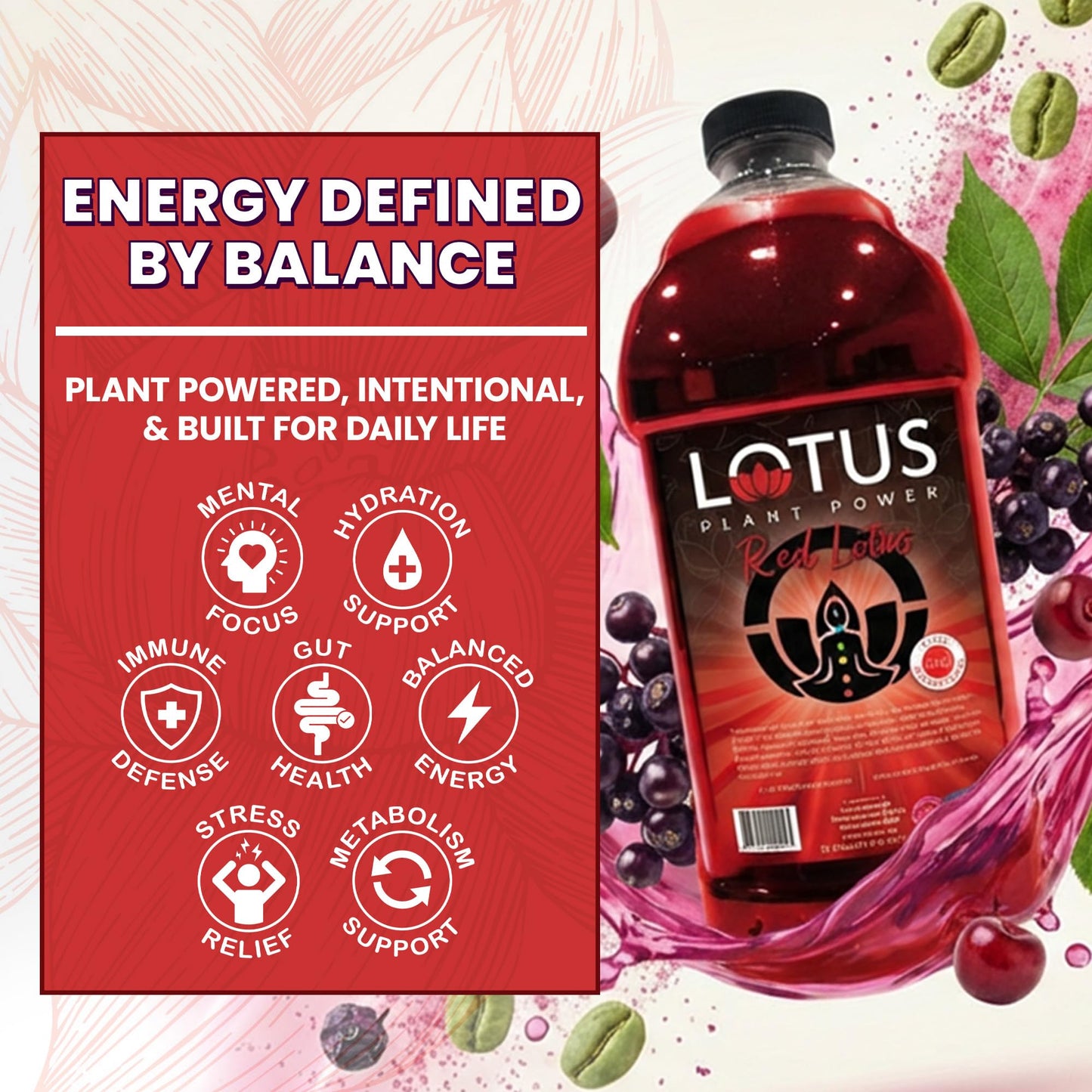 Red Lotus Plant Power® Energy Drink Concentrate | Natural Caffeine & PP7™ Formula | Plant-Based Organic Ingredients | Organic Cane Sugar Beverage |
