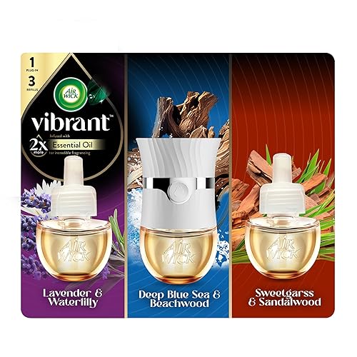 Air Wick Vibrant Plug In Scented Oil Warmer + Refills, Infused with Essential Oils, Plug In Air Fresheners for Home, Mixed Pack, Gadget + 3 ct