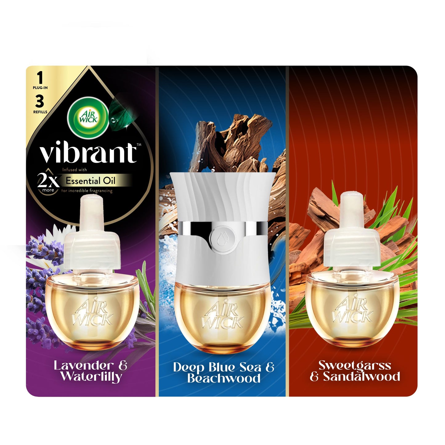 Air Wick Vibrant Plug In Scented Oil Warmer + Refills, Infused with Essential Oils, Plug In Air Fresheners for Home, Mixed Pack, Gadget + 3 ct