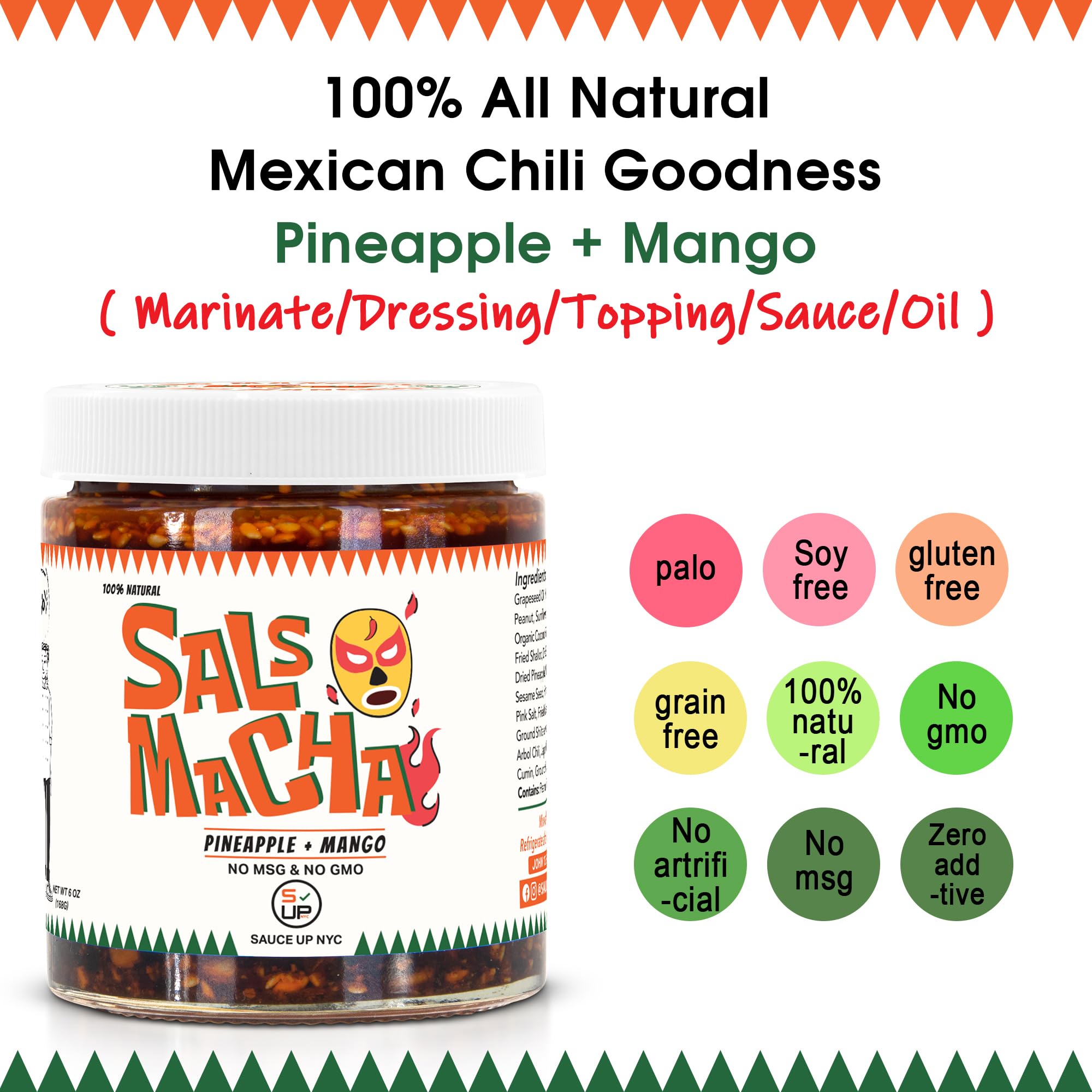 SAUCE UP Pineapple Mango Salsa Macha Chili Oil 6oz | Smoky Mexican Chili Sauce with Nuts and Seeds | Vegan Gluten Free No MSG Keto Friendly | Sweet