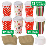 Live It Up! Party Supplies Christmas Paper Disposable Coffee or Hot Chocolate Cups and Lids - Festive Christmas Holiday Design (12-ct with Blank Kraft
