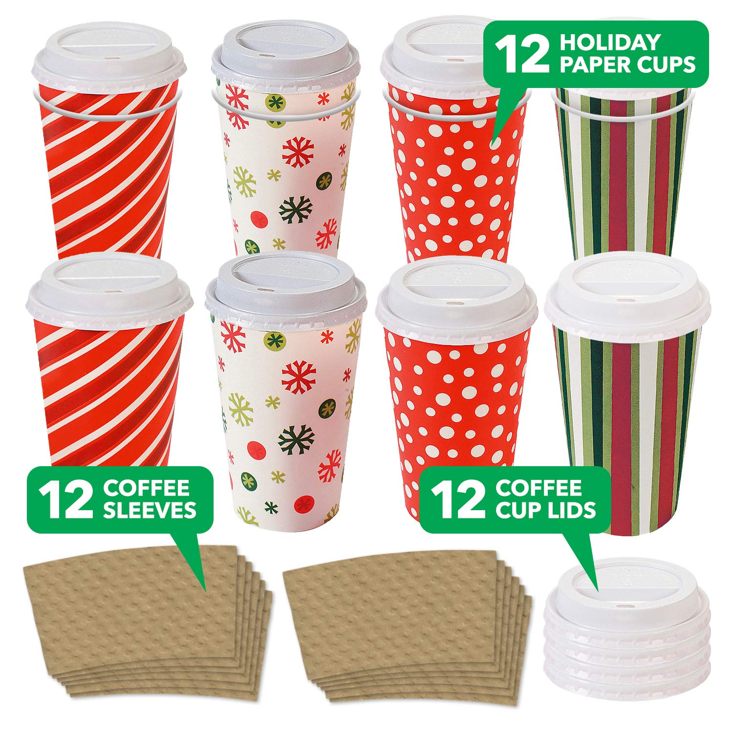 Live It Up! Party Supplies Christmas Paper Disposable Coffee or Hot Chocolate Cups and Lids - Festive Christmas Holiday Design (12-ct with Blank Kraft