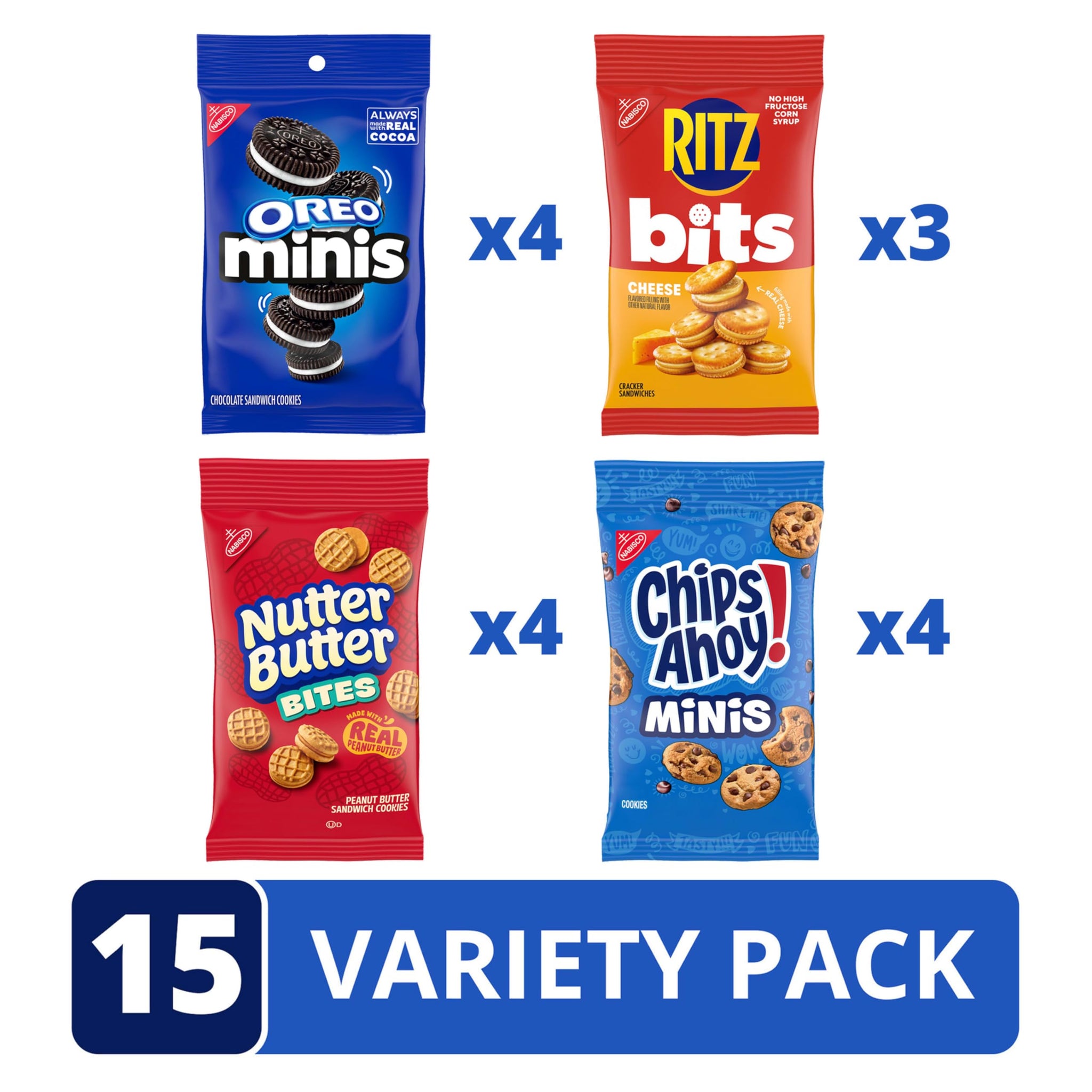 OREO Minis Cookies, CHIPS AHOY! Minis Cookies, Nutter Butter Bites & RITZ Bits Cheese Crackers Variety Pack, 15 Snack Packs