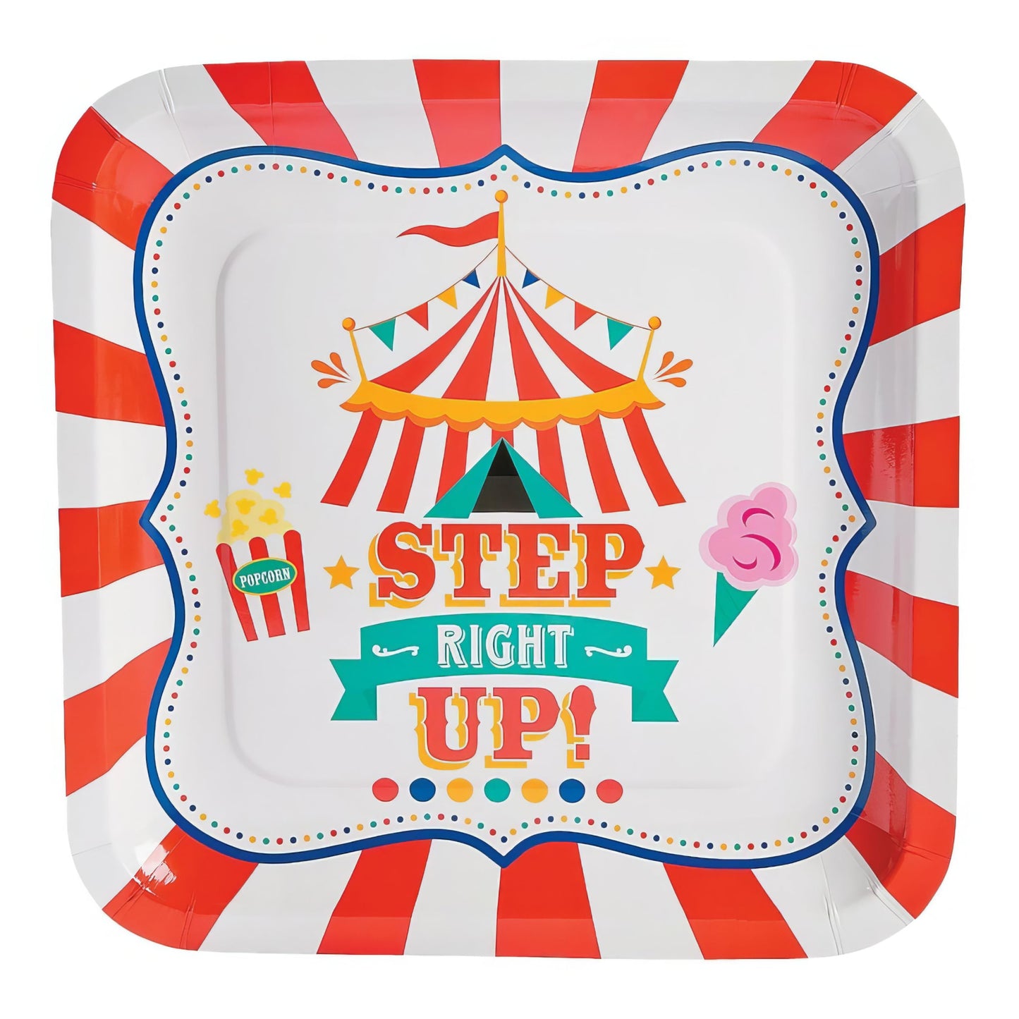 Fun Express Step Right Up Carnival Party Square Paper Dinner Plates - Carnival Themed Disposable Dessert Paper Plates - Decorations Tableware