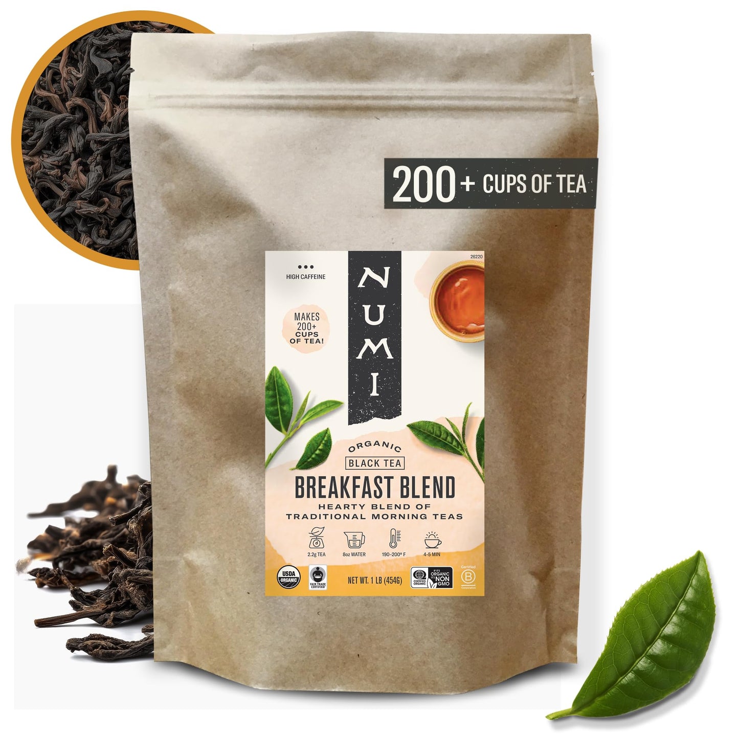 Numi Organic Breakfast Blend Tea, Loose Leaf Black Tea, 16 oz Bulk Pouch, Organic Loose Leaf Tea Brews 200 Cups, Full-Bodied Breakfast Blend, Strong