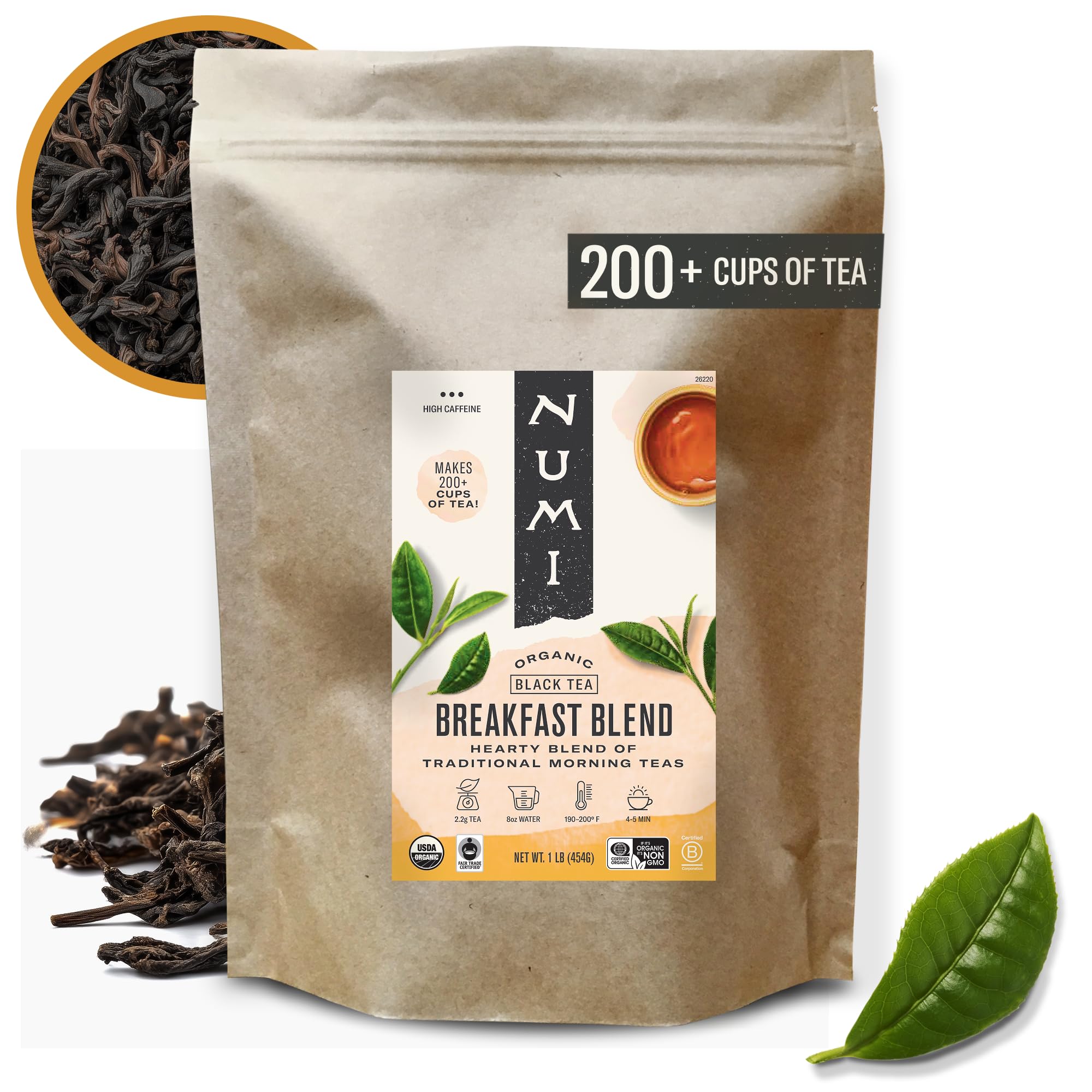 Numi Organic Breakfast Blend Tea, Loose Leaf Black Tea, 16 oz Bulk Pouch, Organic Loose Leaf Tea Brews 200 Cups, Full-Bodied Breakfast Blend, Strong
