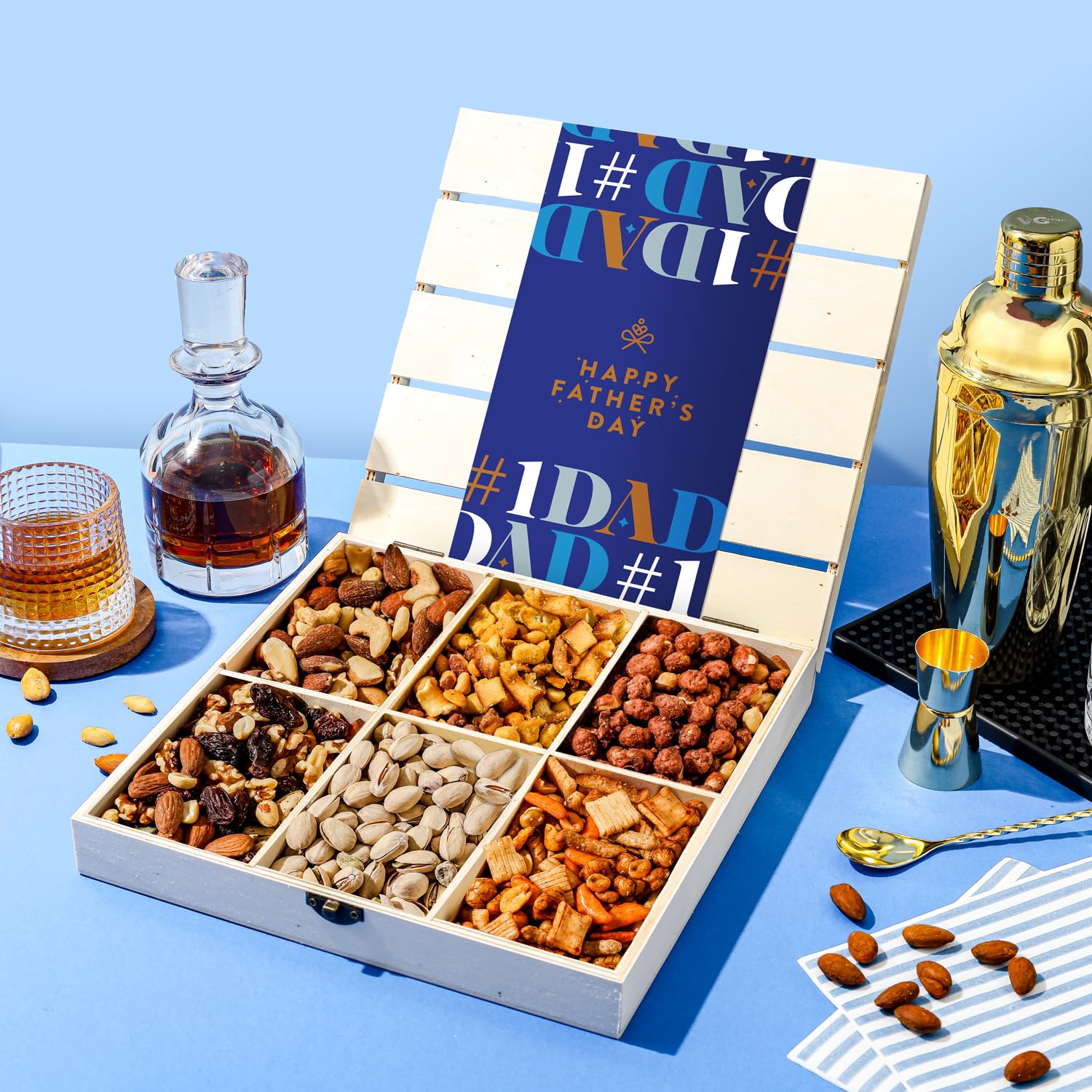 Fathers Day Gift Basket, Nut Gift Basket in Reusable Wooden Crate, Healthy Gift Option, Gourmet Snack Food Box, with Unique Flavors, Great for Dad