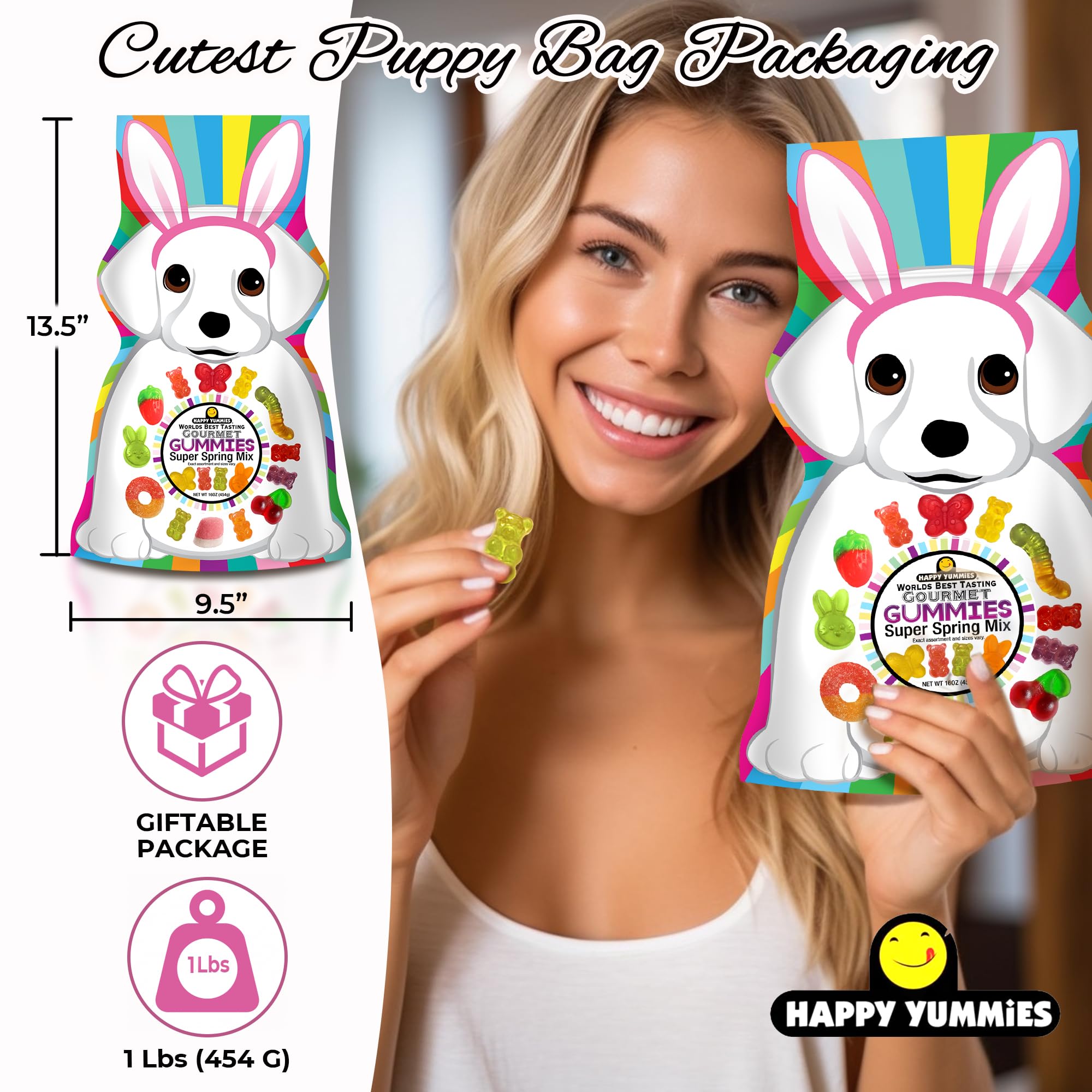 Happy Yummies Gummies, Adorable Gourmet Gummies in a Puppy Shaped Bag - Delicious Assorted Flavors Candy Snacks for Spring Celebrations, Perfect