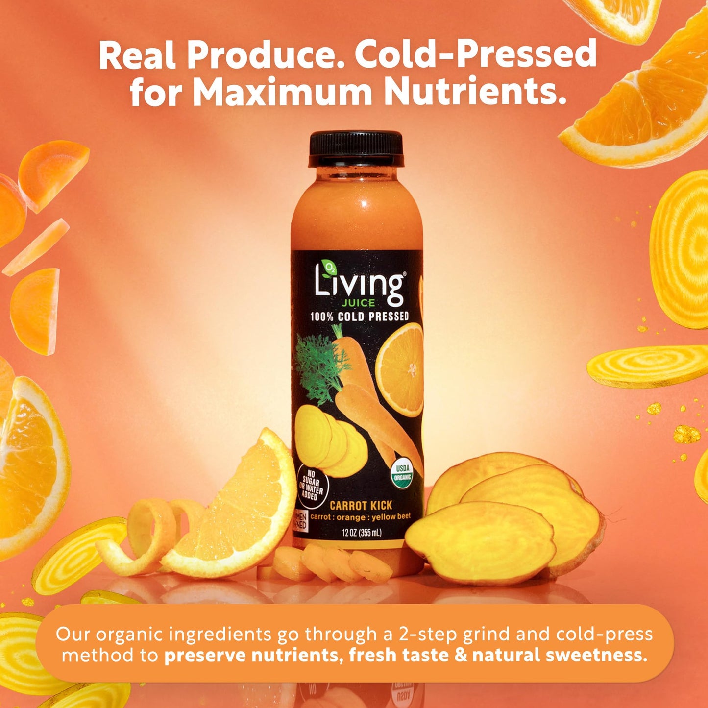 O2 Living Juice Cold Pressed Drink - Carrot Kick Organic Juice Pack - No Added Sugars or Water, Naturally Sweetened from Fruits, Rich in Nutrients