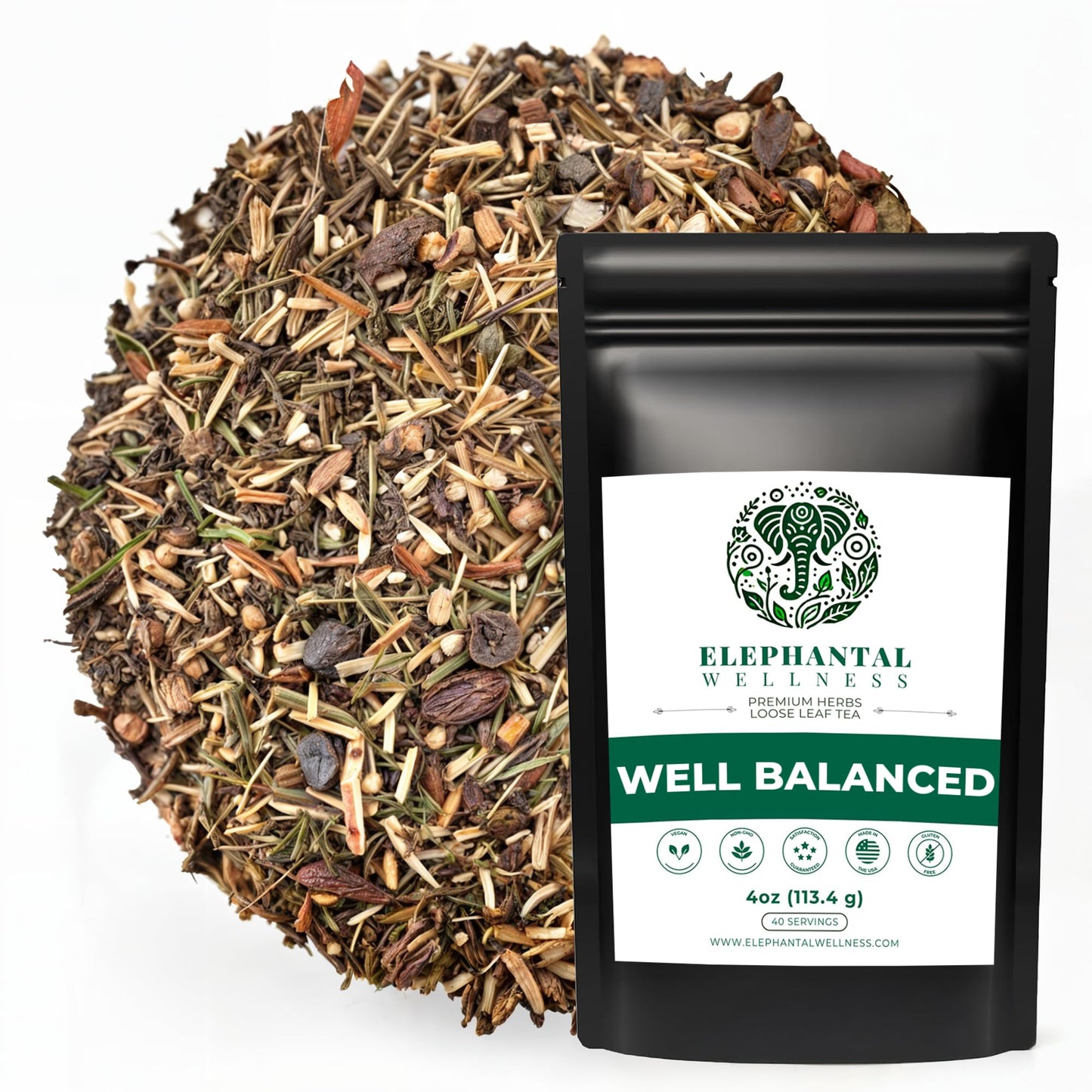 Elephantal Wellness Premium Well Balanced Herbal Tea | Healthy Cortisol, Adaptogenic Stress Energy Support with Ashwagandha, Goji, Reishi, Holy Basil