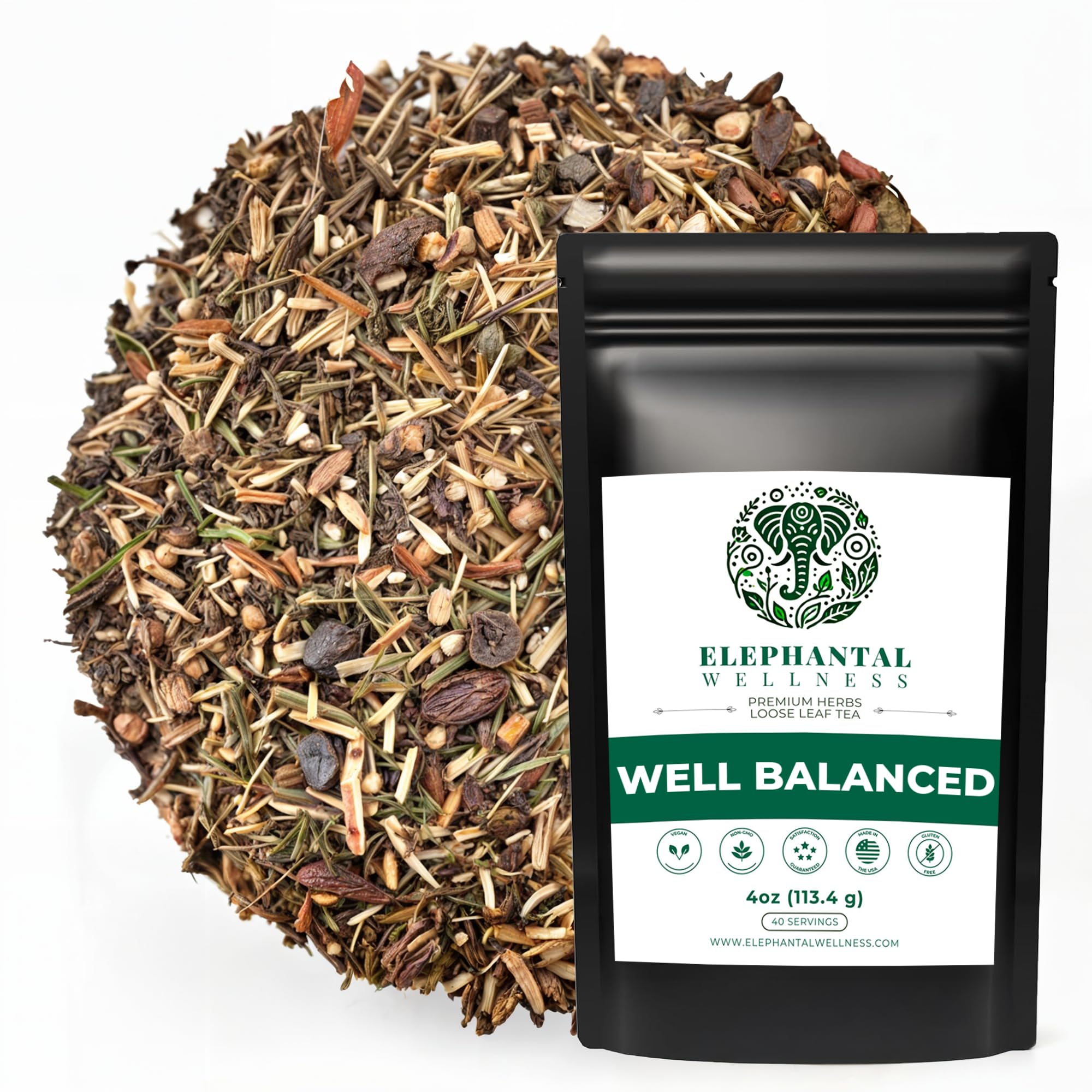 Elephantal Wellness Premium Well Balanced Herbal Tea | Healthy Cortisol, Adaptogenic Stress Energy Support with Ashwagandha, Goji, Reishi, Holy Basil