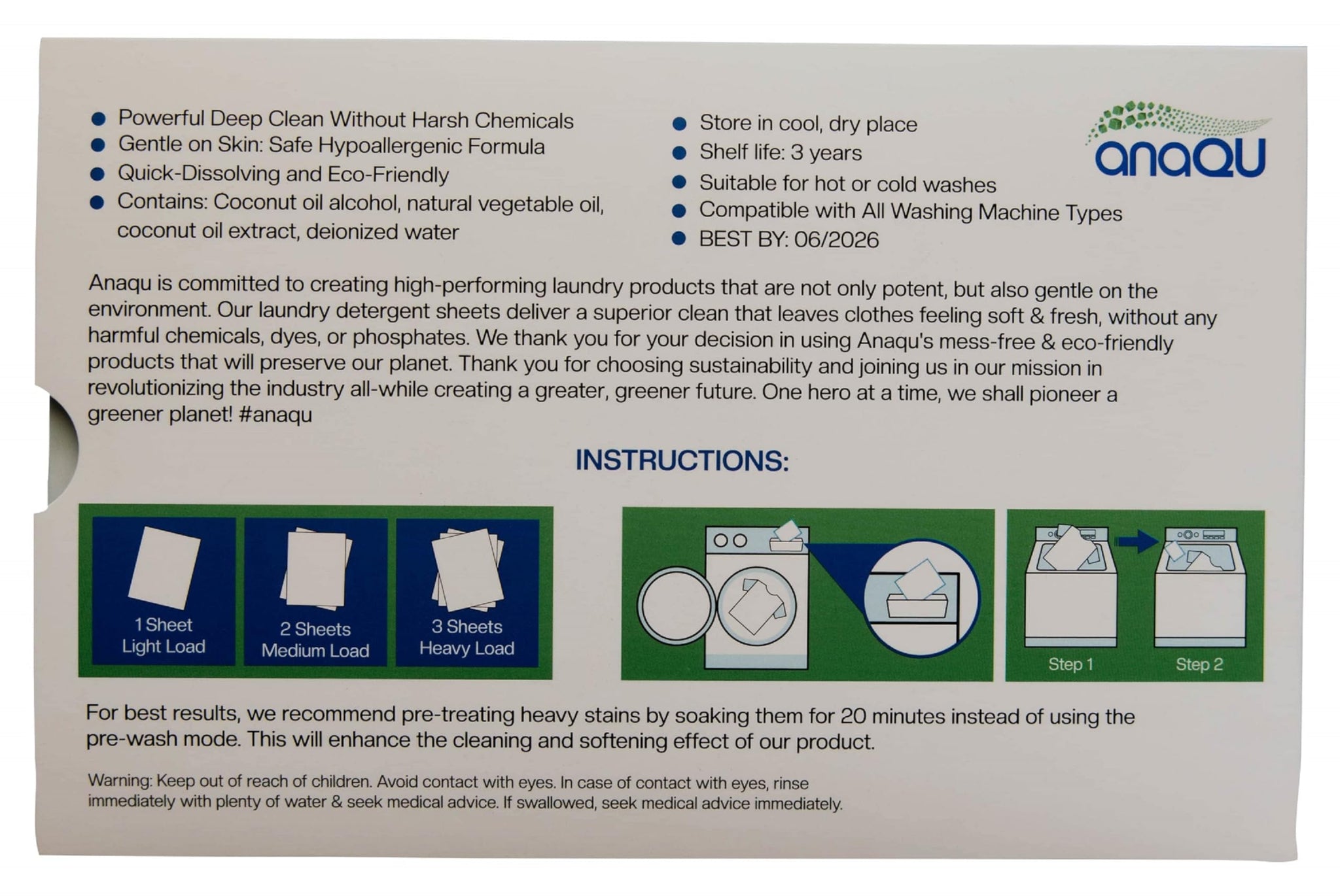 Anaqu - Laundry Detergent Sheets - Natural Laundry Detergent, Laundry Sheets, Organic Laundry Detergent, Baby Laundry Detergent, Delicate