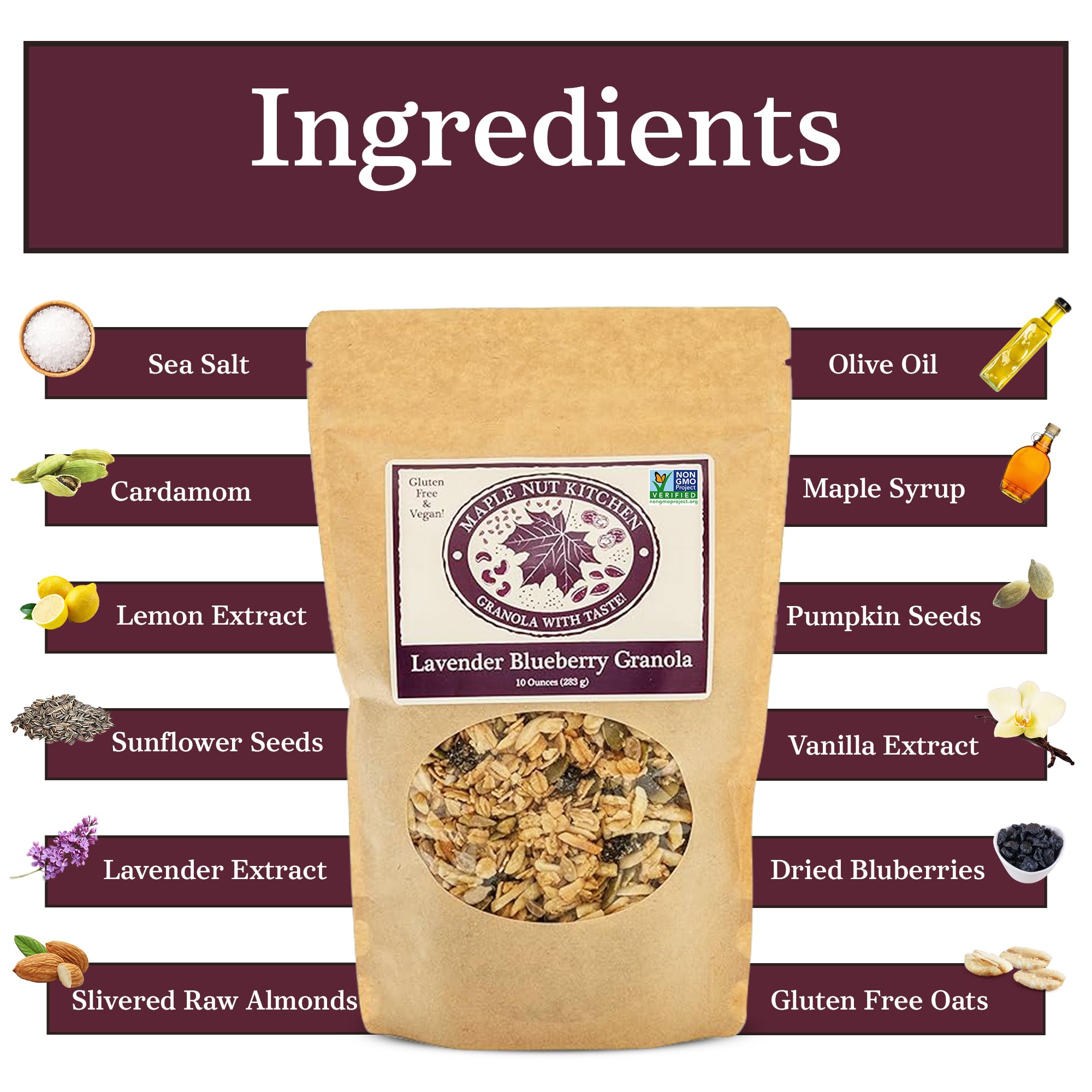 Maple Nut Kitchen Lavender Blueberry Granola - 3 Pack | Low Sugar, Gluten-Free Granola with Oats, Almonds & Real Blueberries | Crunchy Clusters