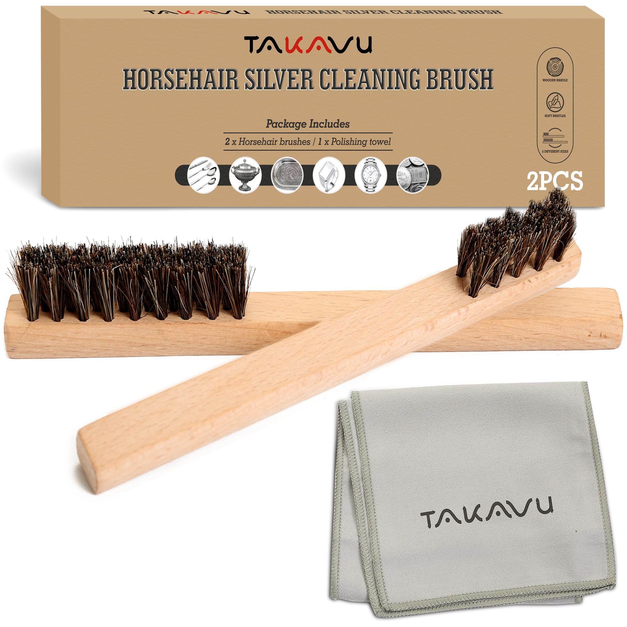 Horsehair Detail Brush Set 2pcs Silver Cleaning Brushes & Polish Cloth Perfect for Detailing, Polish Work, Fine and Heirloom Silverware Plateware
