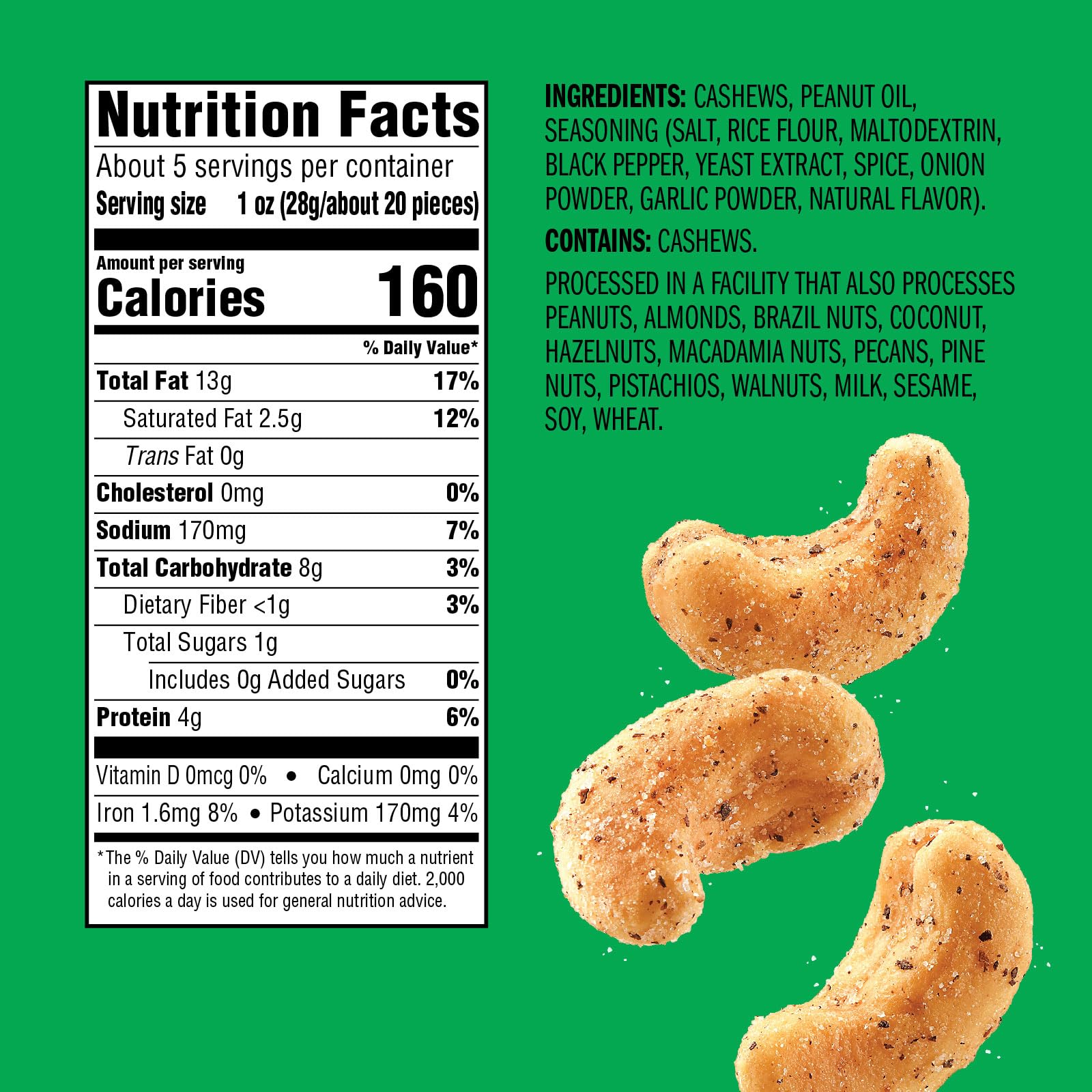 Emerald Nuts Salt and Pepper Seasoned Cashews (1-Pack) | 5 Oz Resealable Bag | Kosher Certified, Non-GMO, Contains No Artificial Preservatives
