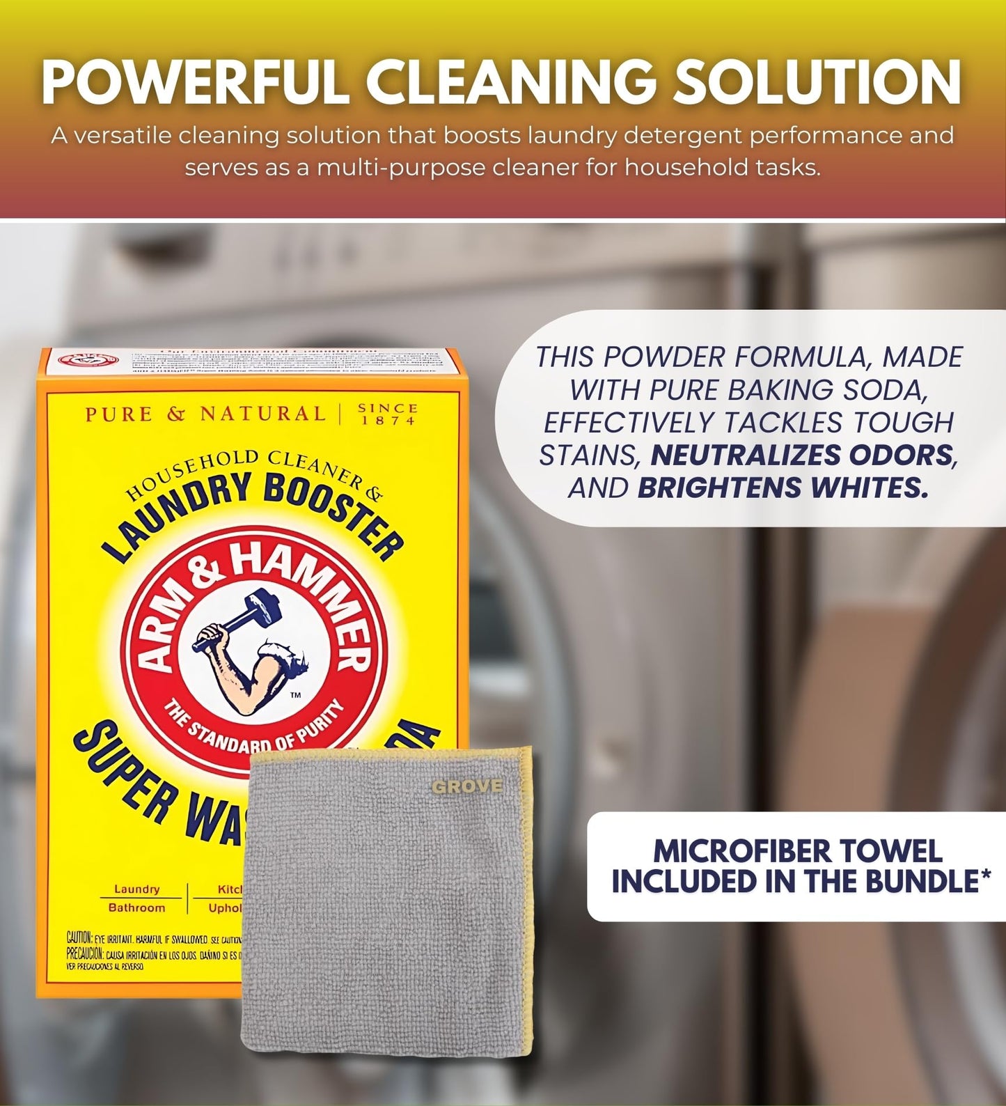 Detergent Booster and Household Cleaner Powder 55 oz Bundle with Microfiber Cloth - Enhances Laundry Detergent Power - Cleans Bathtubs, Microwaves