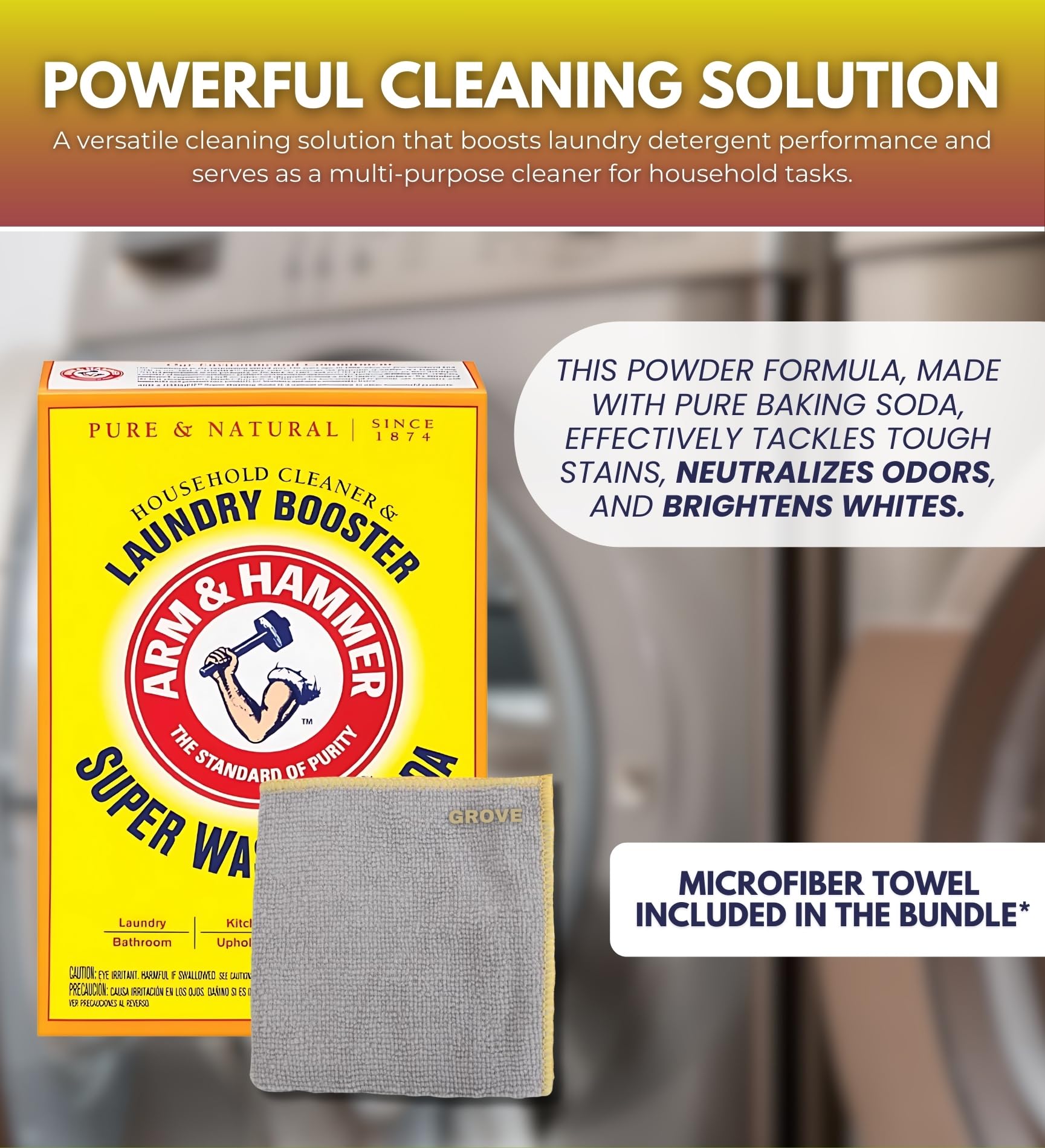 Detergent Booster and Household Cleaner Powder 55 oz Bundle with Microfiber Cloth - Enhances Laundry Detergent Power - Cleans Bathtubs, Microwaves