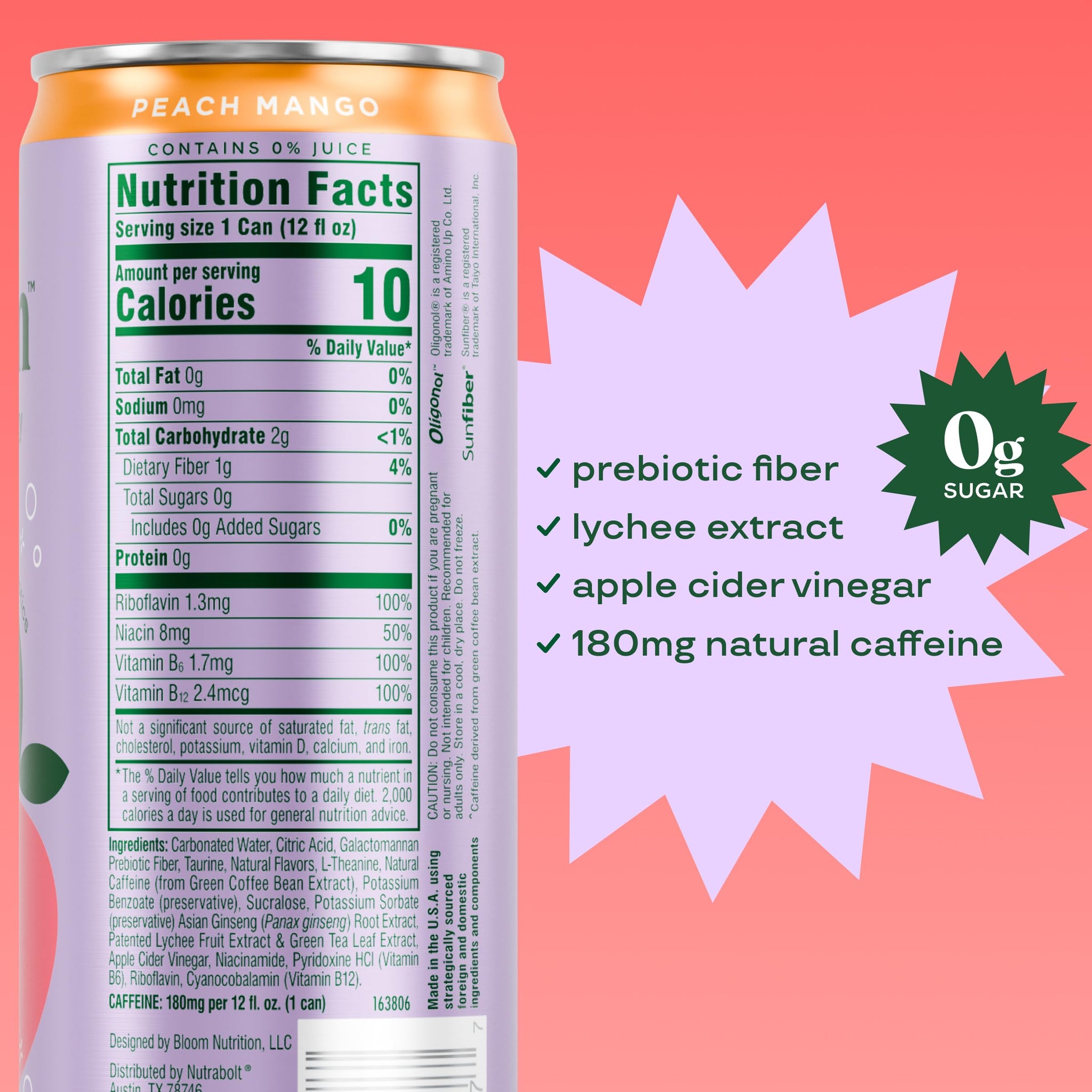 Bloom Nutrition Sparkling Energy Drink - Natural Caffeine, Zero Sugar, 180mg Caffeine - Antioxidant-Rich w/Green Coffee Bean, Green Tea Extract