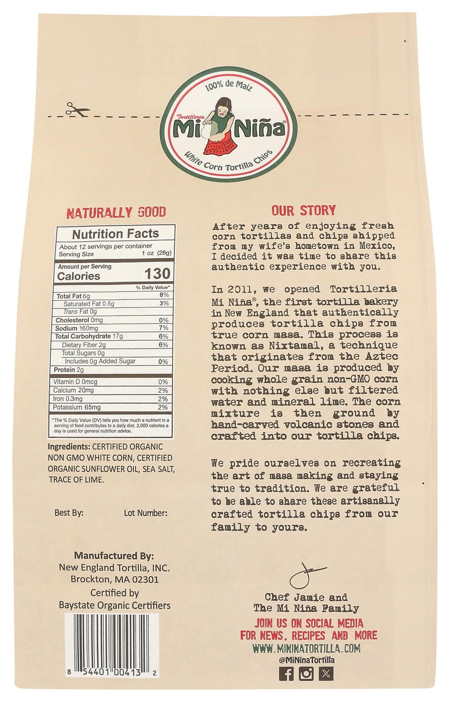 Tortilleria Mi Nina, Chip Tortilla White Corn Sea Salt, 12 Ounce