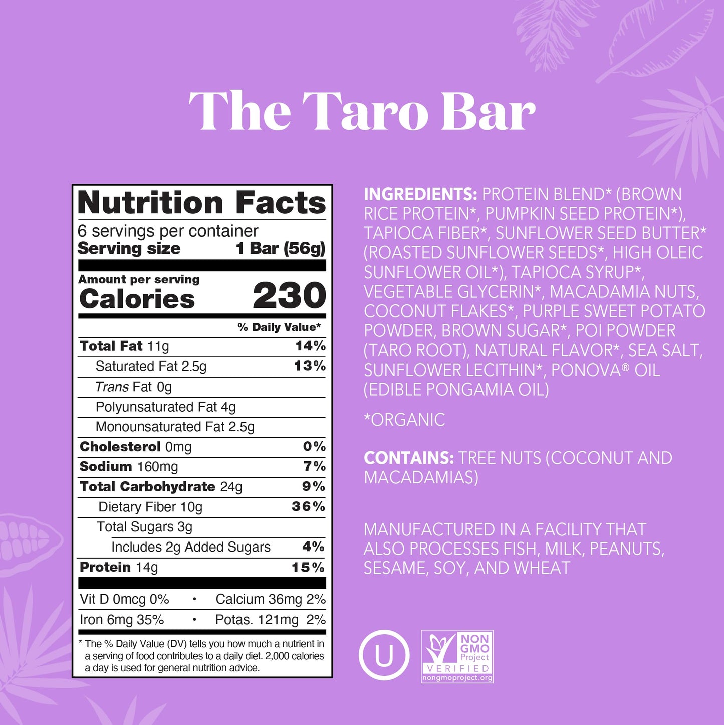 ALOHA Organic Plant Based Protein Bars | The Taro Bar - Special Edition | 6 Count, 1.98oz Bars | Vegan, Low Sugar, Gluten Free, Paleo, Low Carb