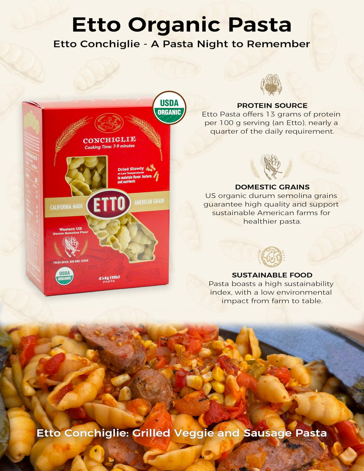 Etto Pasta- Organic Conchiglie Pasta- Single Ingredient- Non-GMO Pasta- Vegan, Vegetarian, Organic Pasta. Protein-rich, All Natural- Durum Wheat