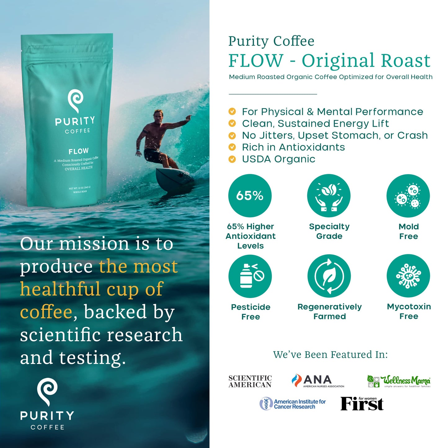Purity Coffee FLOW Original Medium Roast Whole Bean (12oz Bag) | Specialty-Grade USDA Organic Arabica Blend | Third Party Tested for Mold, Mycotoxins