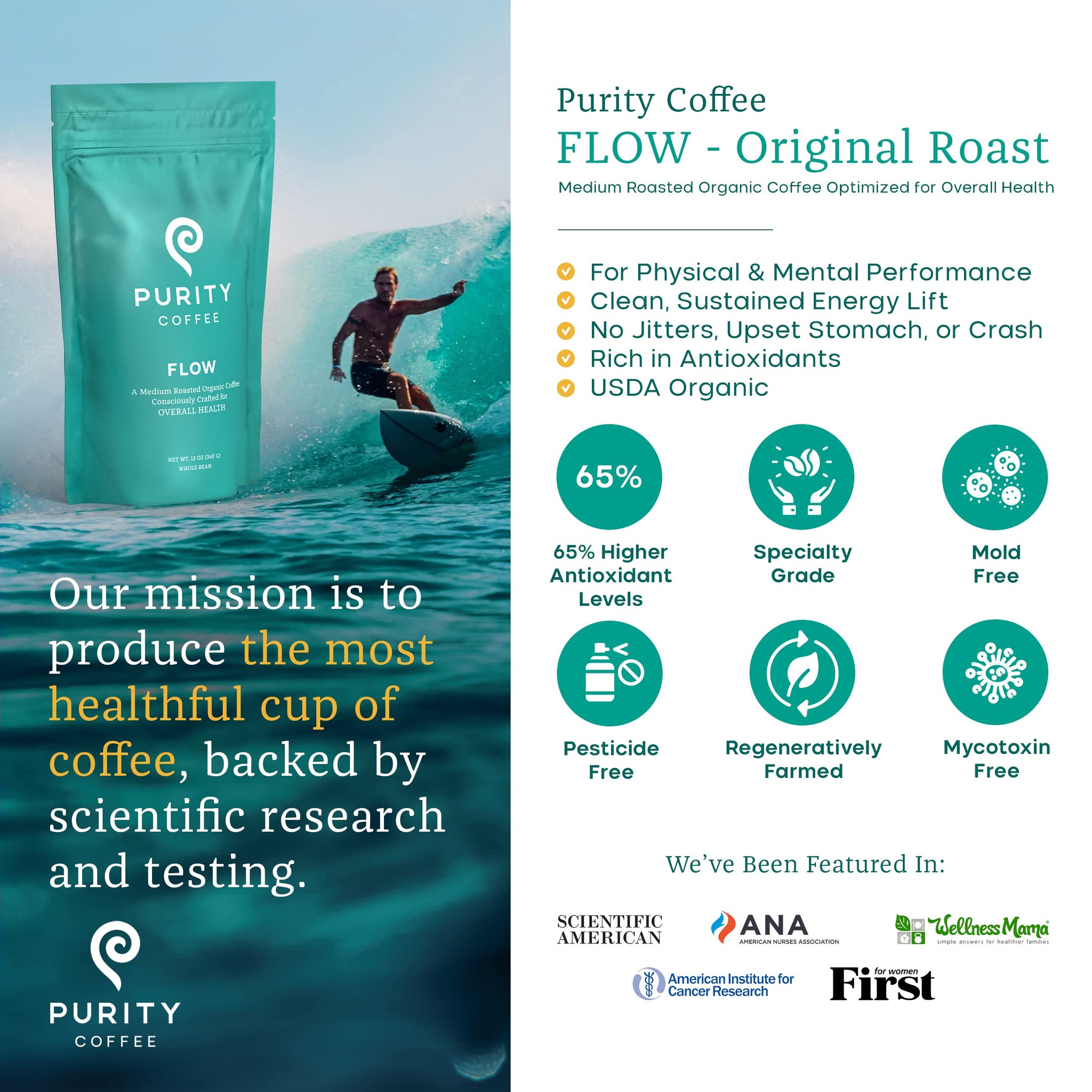 Purity Coffee FLOW Original Medium Roast Whole Bean (12oz Bag) | Specialty-Grade USDA Organic Arabica Blend | Third Party Tested for Mold, Mycotoxins