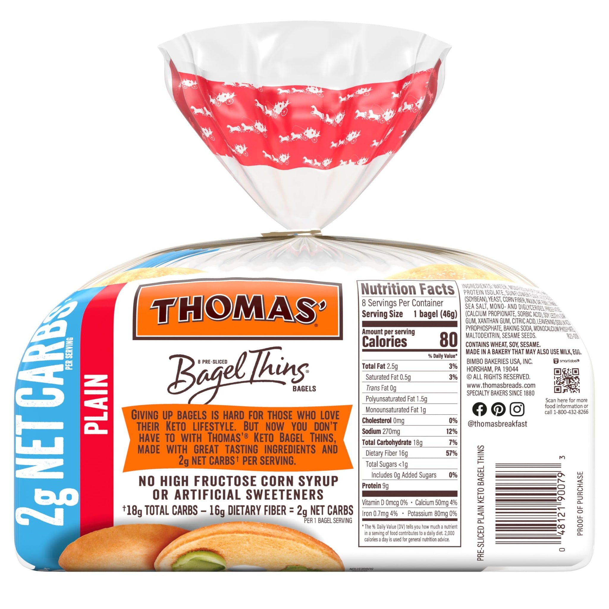 Thomas' Keto Plain Bagel Thins, 8 count, (1.63 oz each), Bagels, 13 oz Bag
