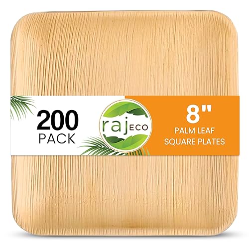 Raj Eco Compostable Palm Leaf Plates Like Bamboo Plates Disposable - 8 Inch Square 200 Plate, Natural wooden, Eco-Friendly, Fancy Biodegradable
