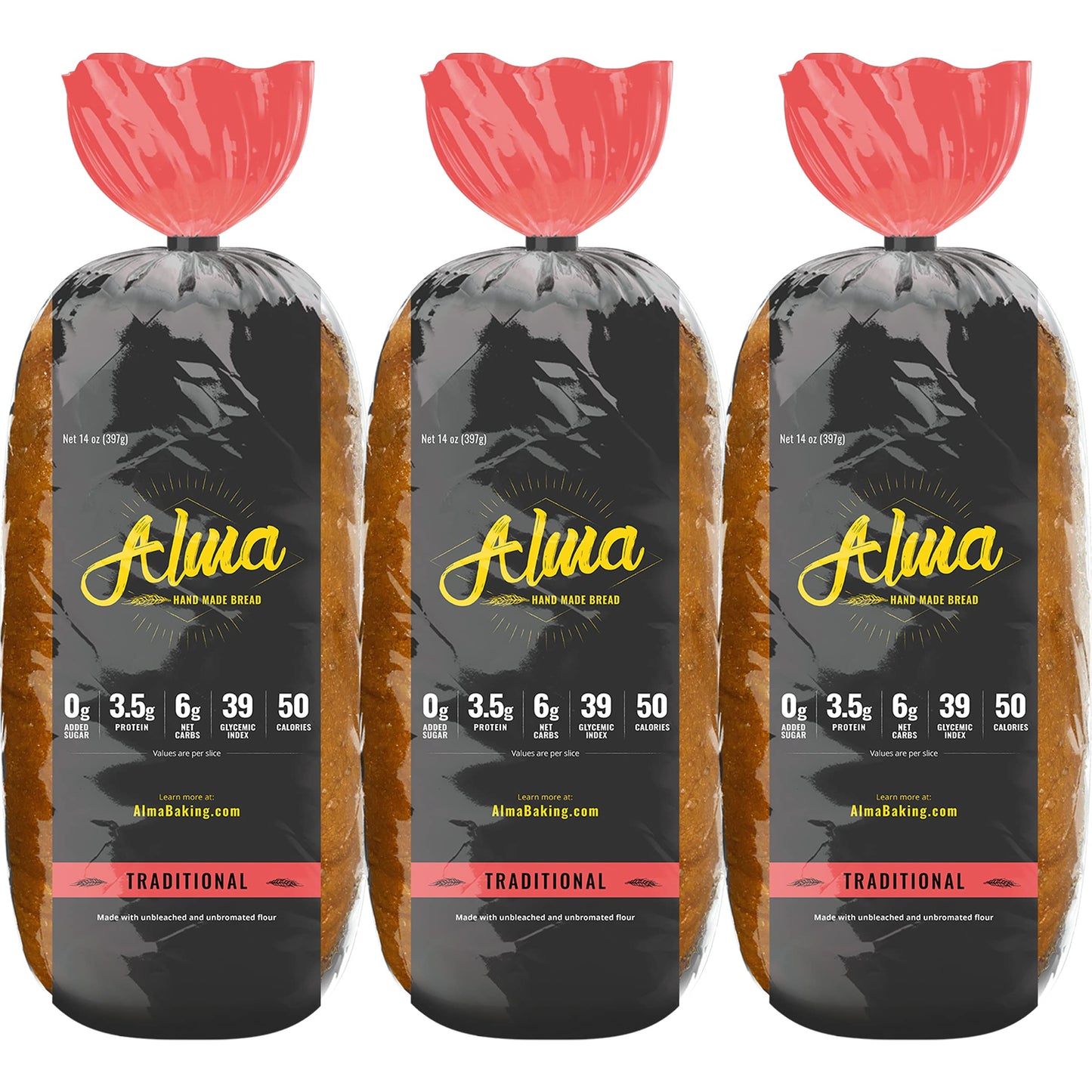 Alma Baking Bread - Low Carb, Low Glycemic, Keto Friendly, Low Calorie, Sugar Free - Sliced Loaf Sandwich Bread (Traditional, 14 Ounces (Pack of 3))