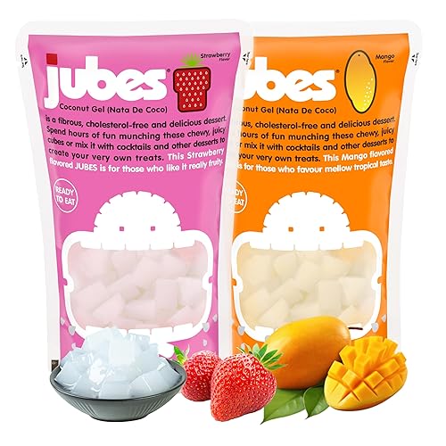 Jubes Strawberry & Mango Nata De Coco Jelly Cubes (12.7 oz, 3 of Each Flavor) - Strawberry & Mango Coconut Jelly Cubes for Sago - Coconut Gel in Syrup