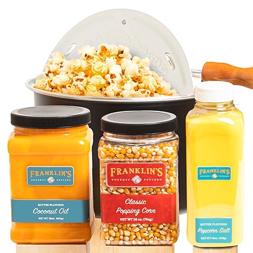 Franklin's Gourmet Popcorn - Movie Night Bundles - Stovepop Popcorn Maker, 28 oz Classic Popcorn Kernels, 19 oz Butter Flavored Salt, 30 oz Butter