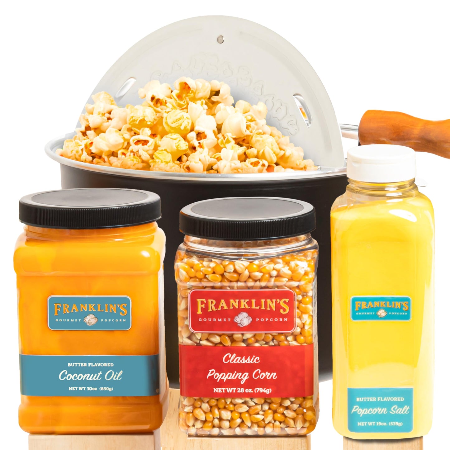 Franklin's Gourmet Popcorn - Movie Night Bundles - Stovepop Popcorn Maker, 28 oz Classic Popcorn Kernels, 19 oz Butter Flavored Salt, 30 oz Butter