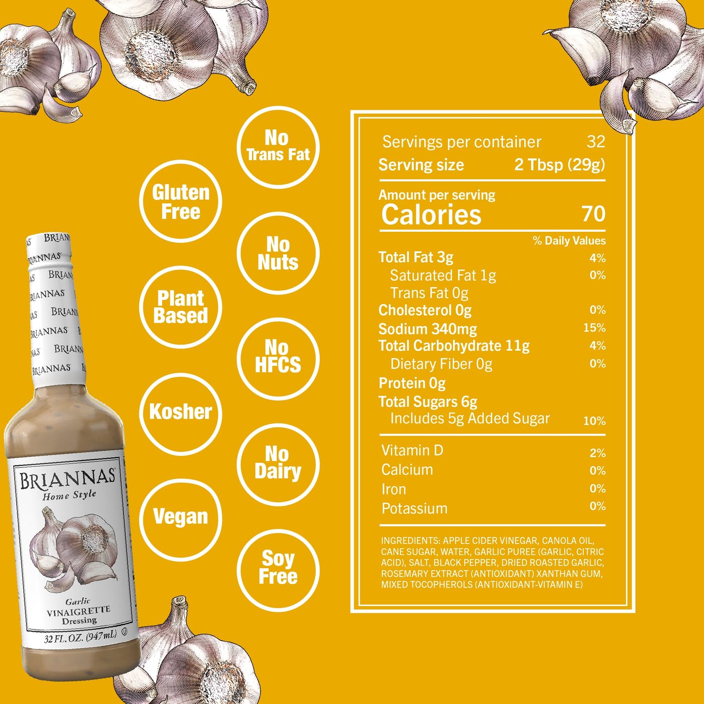BRIANNAS - Home Style Garlic Vinaigrette Dressing - Fine Salad Dressing made with Premium Ingredients - Gluten Free, Vegan, & Kosher Dressing - 32 oz