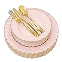 Pink Disposable Plates Plastic Set Of 125? Includes 25 Dinner and Dessert Plates, 75 Gold Cutlery for 25 Guests for Wedding Birthday Parties Baby