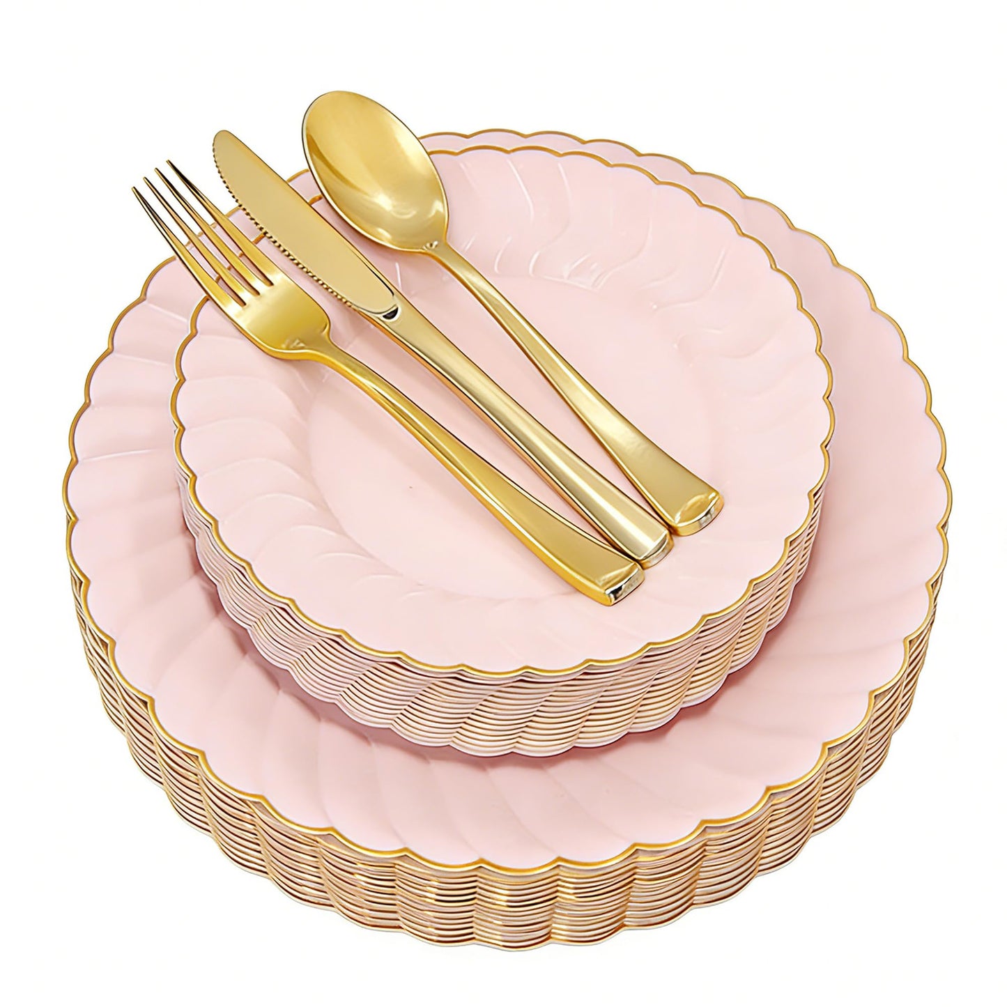 Pink Disposable Plates Plastic Set Of 125? Includes 25 Dinner and Dessert Plates, 75 Gold Cutlery for 25 Guests for Wedding Birthday Parties Baby