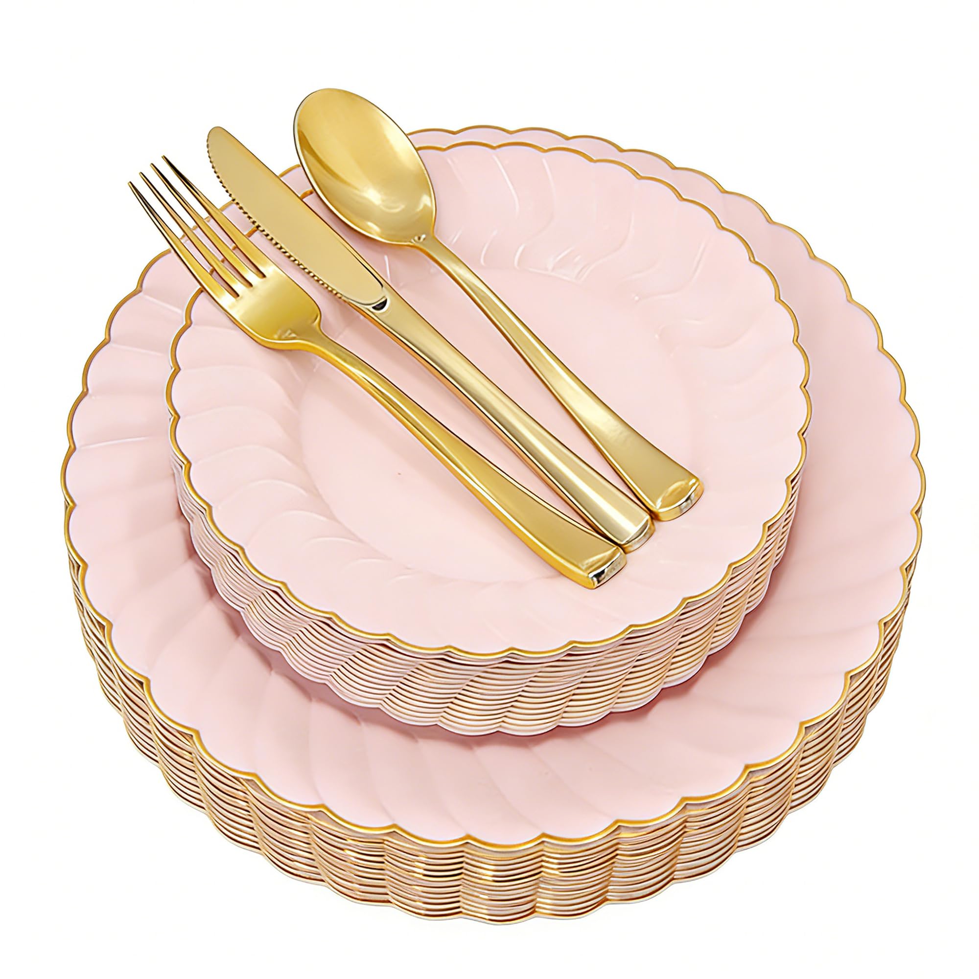 Pink Disposable Plates Plastic Set Of 125? Includes 25 Dinner and Dessert Plates, 75 Gold Cutlery for 25 Guests for Wedding Birthday Parties Baby