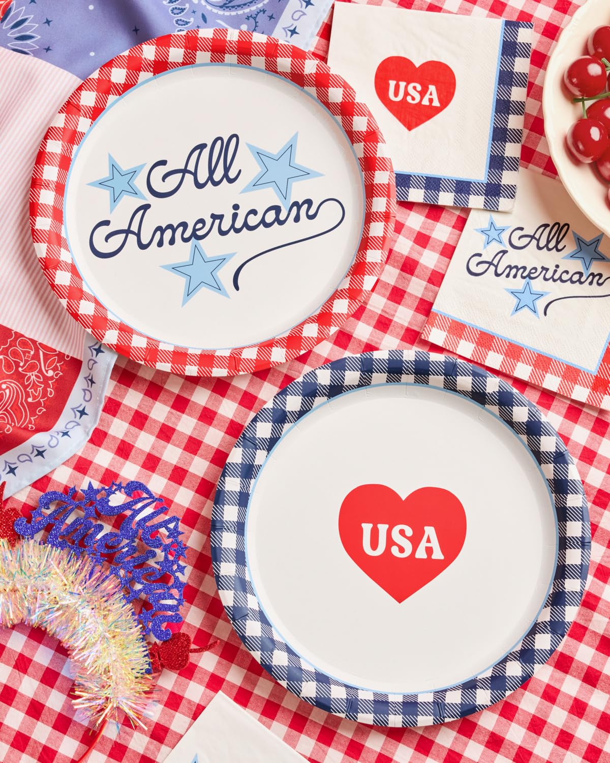 xo, Fetti All American USA Paper Plates | 24 pcs, 9" | 4th of July Tableware, Southern Bachelorette Decorations, Patriotic Dinner Party Setting