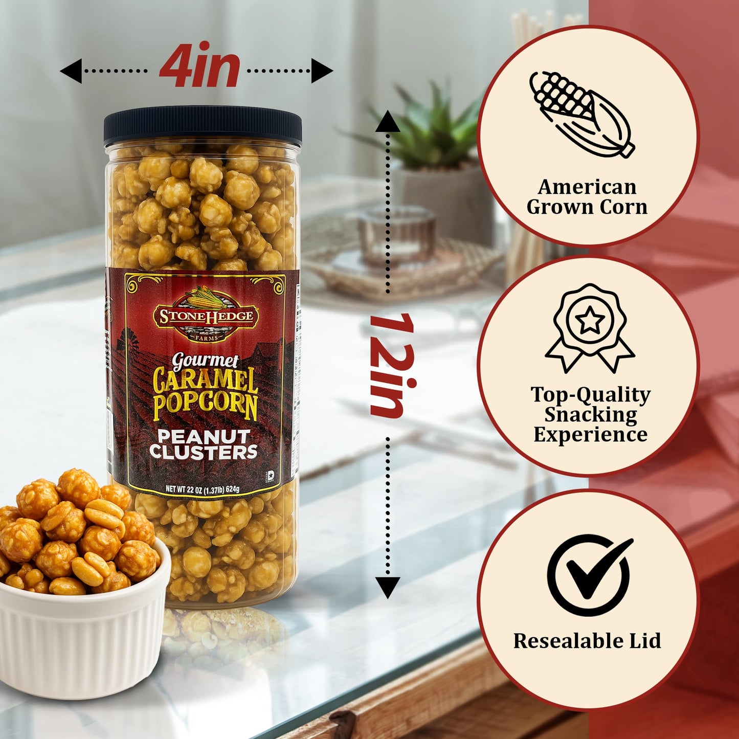 Stonehedge Farms Gourmet Peanut Caramel Popcorn Clusters | 20 oz Reclosable Container | Mix Of Carmel Pop Corn, Peanuts, and Butter Toffee | Holiday