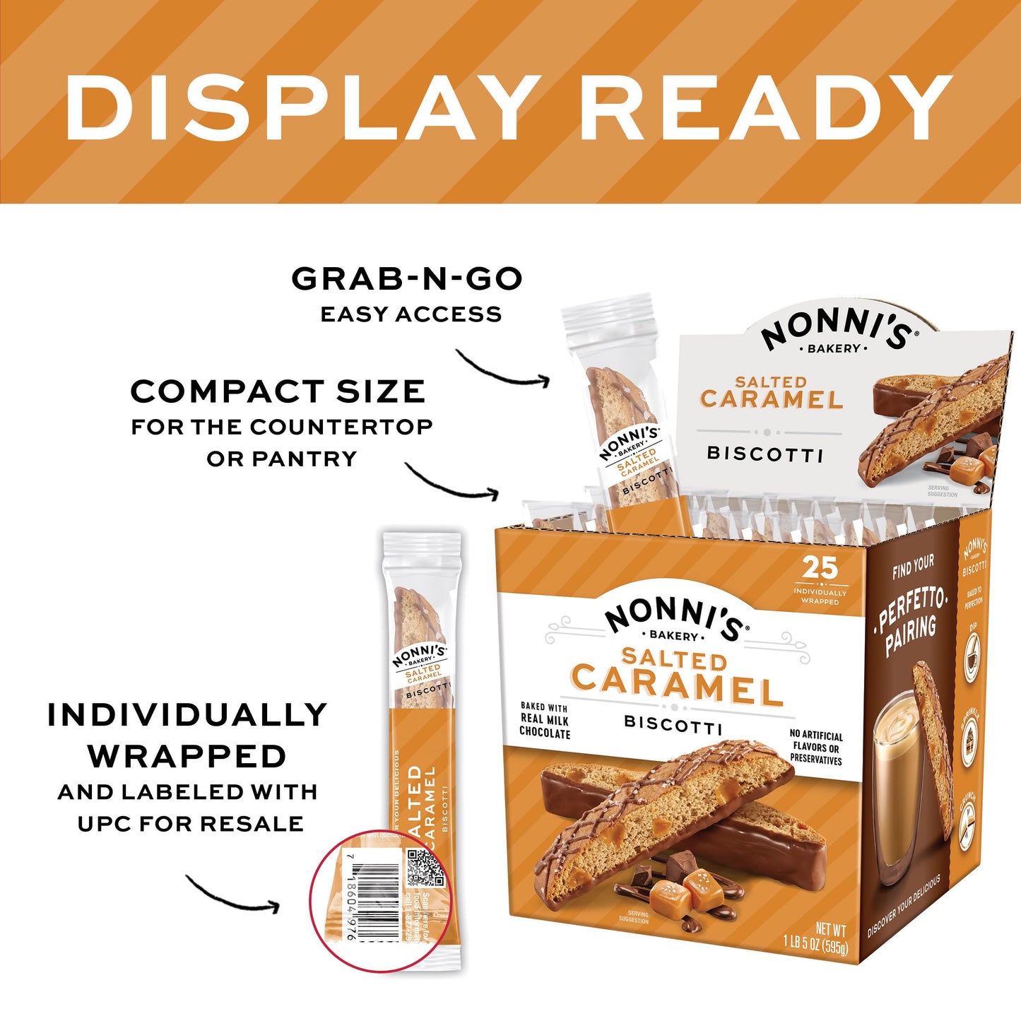 Nonni's Bakery Salted Caramel Biscotti Cookies, Individually Wrapped Coffee and Tea Biscuit Snack, 21 oz, 25 Count