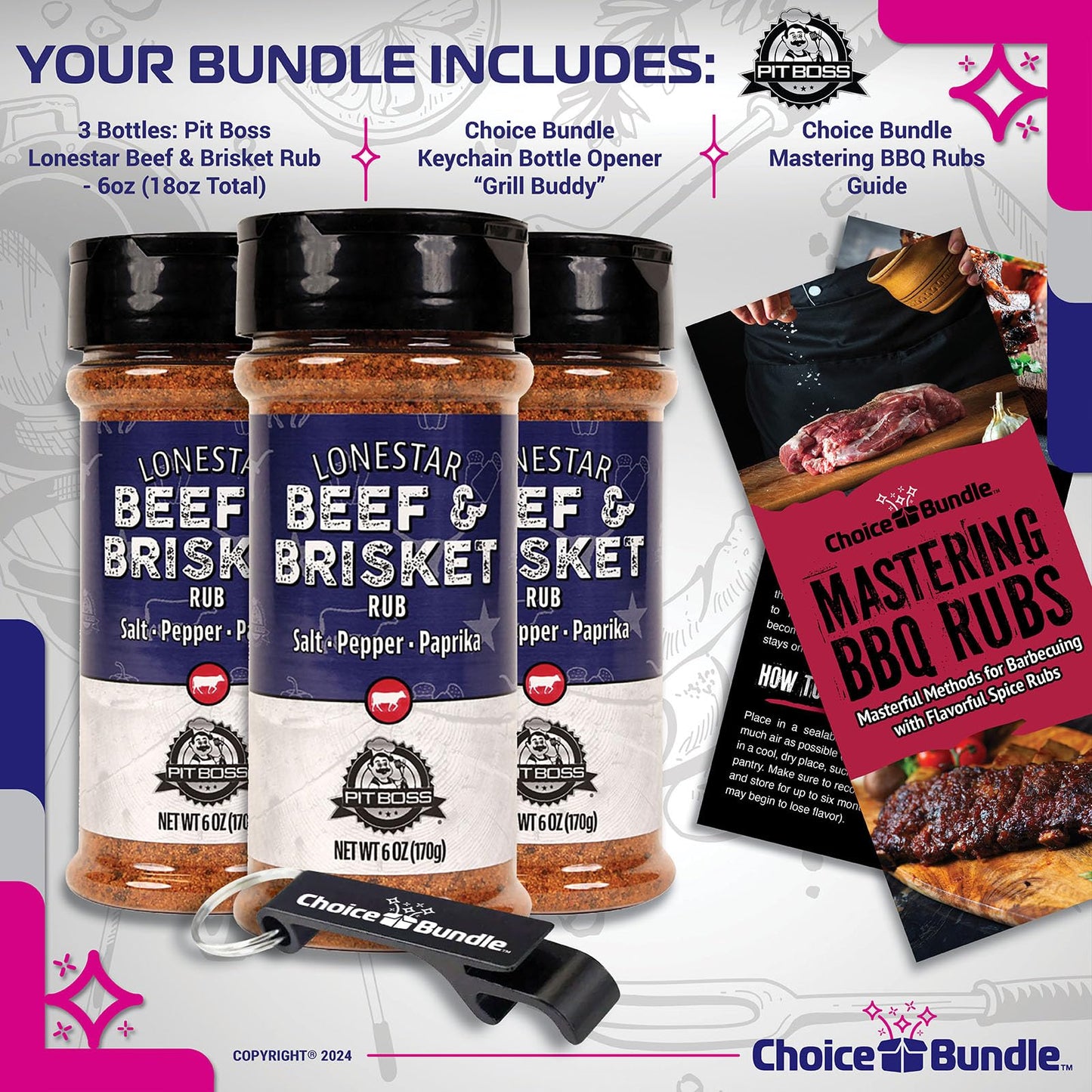 Pit Boss Lonestar Brisket - Texas Style Premium BBQ Barbecue Mixed Seasoning Spice & Rub 3 Pk Choice Bundle (18 oz) + Guide & Bottle Opener (5 Items)!