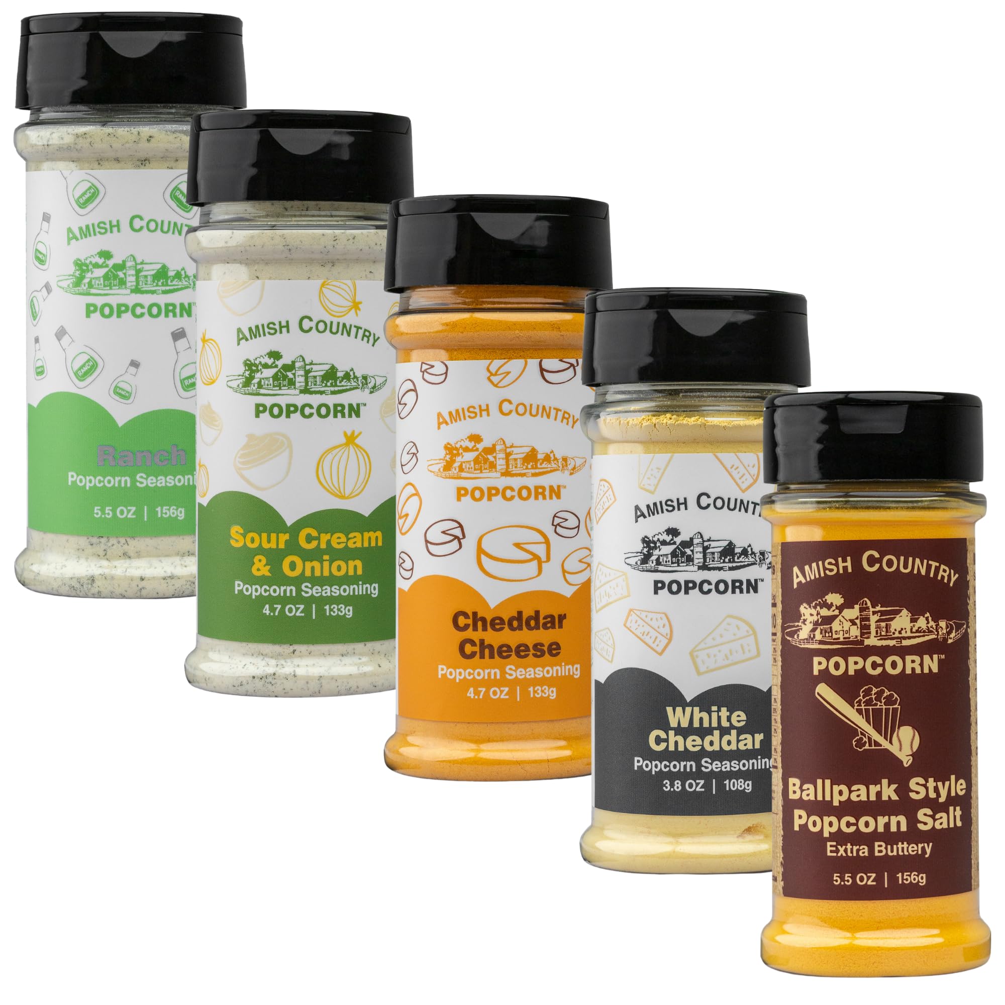 Amish Country Popcorn | Seasoning Variety Pack | 5 Bottles | Ballpark Buttersalt, Cheddar Cheese, White Cheddar, Ranch, Sour Cream and Onion | Old