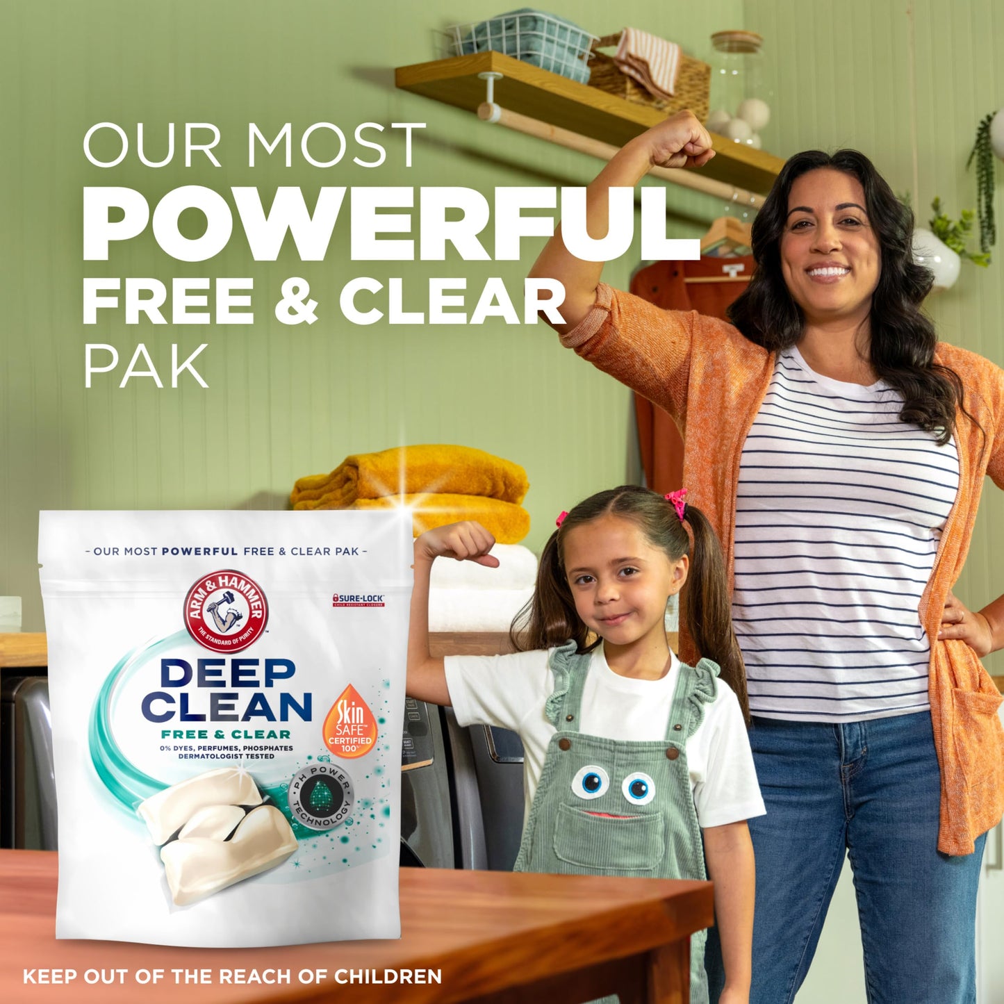ARM & HAMMER Deep Clean Free & Clear Laundry Detergent Power Paks, Free of Dyes and Perfumes, Dermatologist Tested, 32 Count