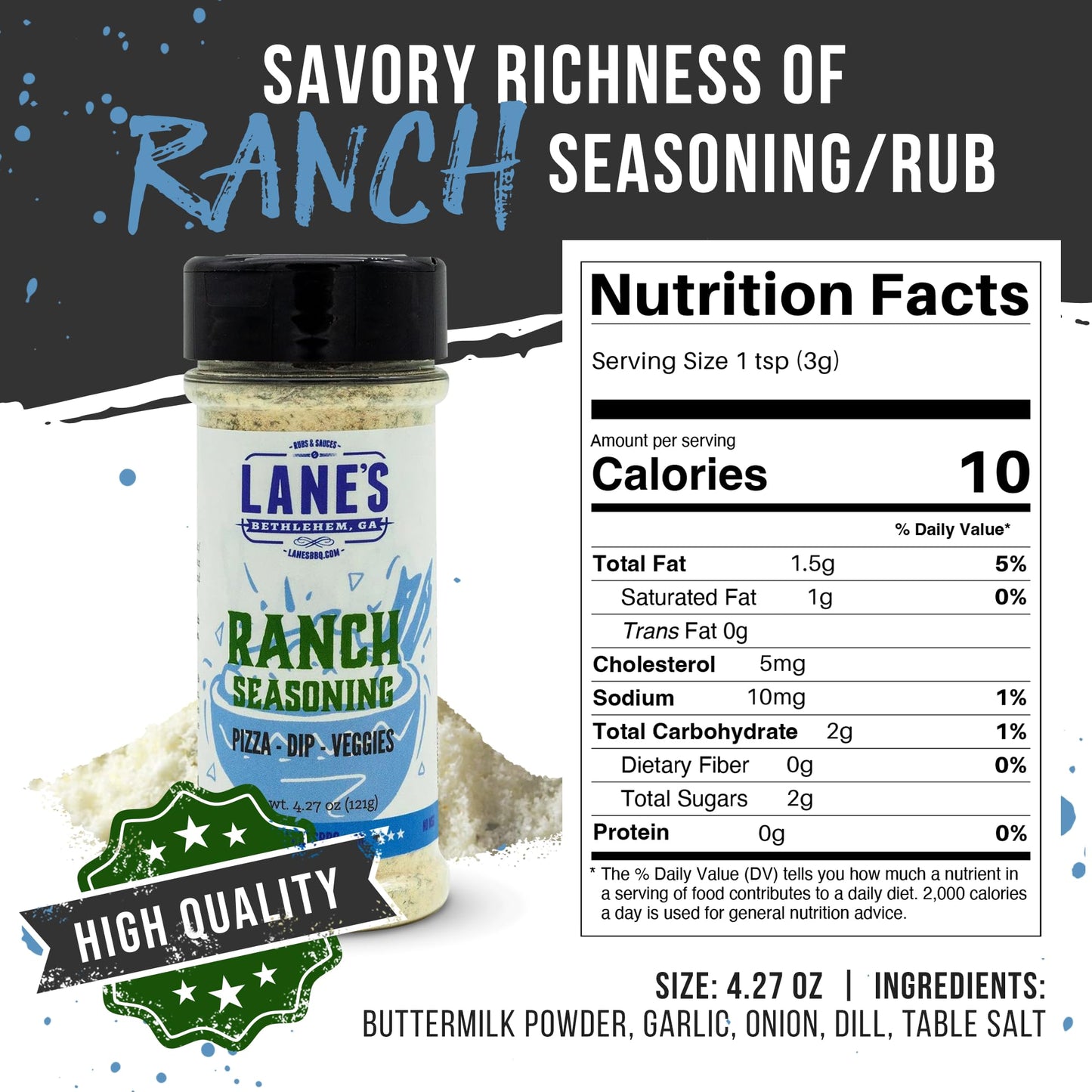 Lane's Ranch Seasoning Powder, 4.27 oz - Versatile Ranch Powder for Wings, Veggies, Popcorn, Dips, Dressing & Pizza - Bold Buttermilk Herb Flavor