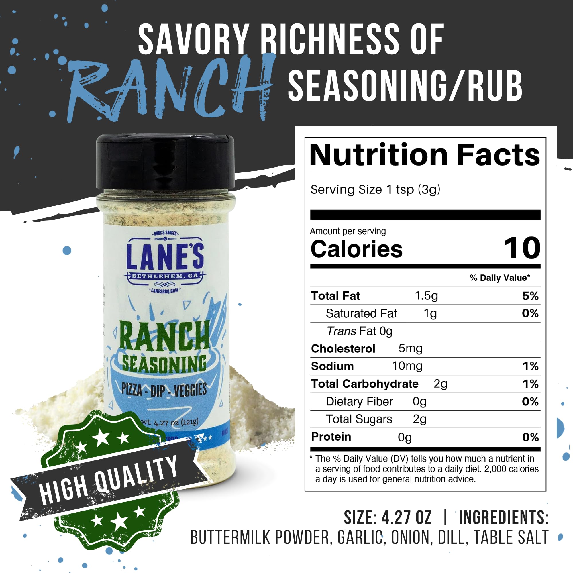 Lane's Ranch Seasoning Powder, 4.27 oz - Versatile Ranch Powder for Wings, Veggies, Popcorn, Dips, Dressing & Pizza - Bold Buttermilk Herb Flavor