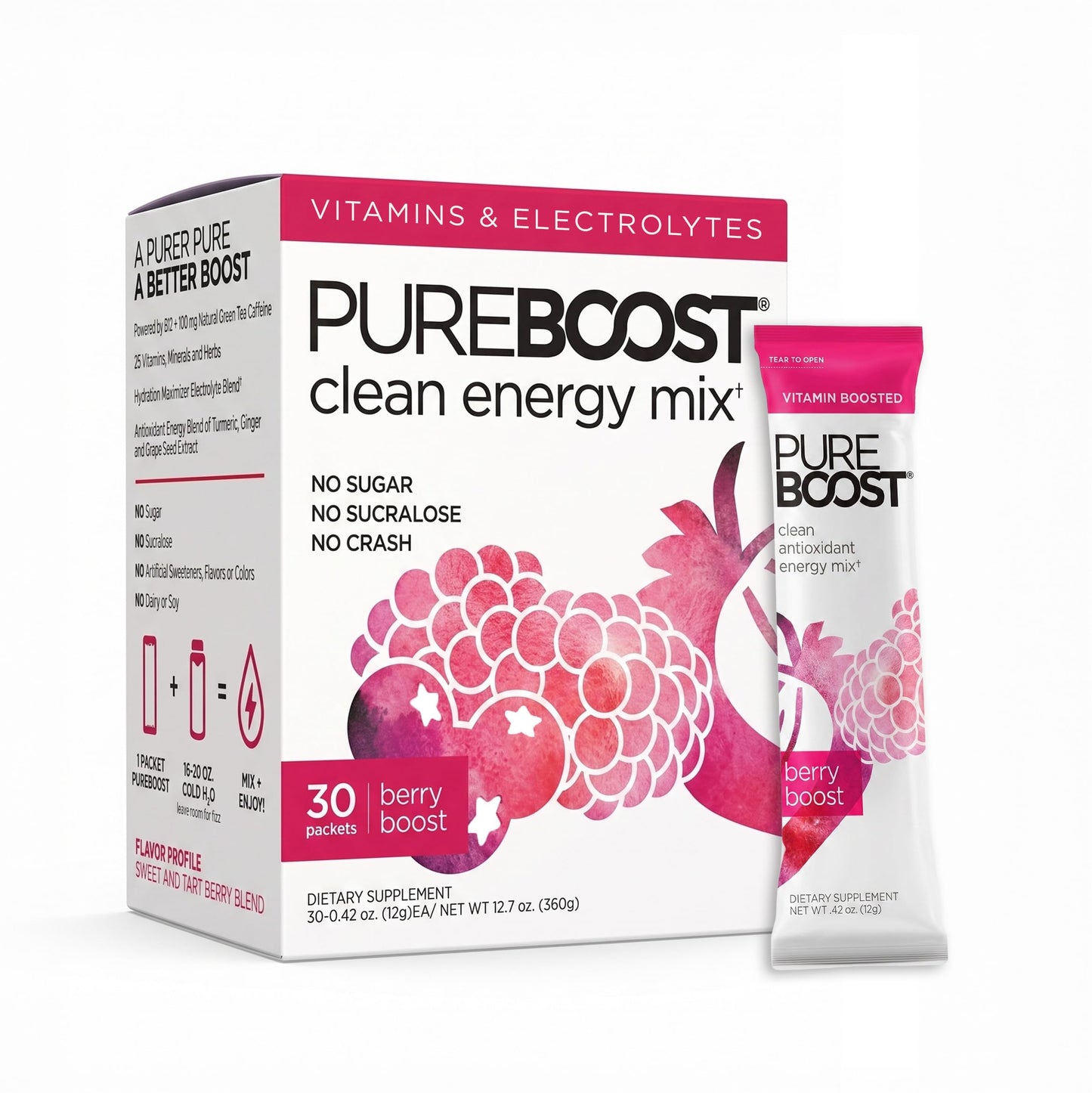 Pureboost Sugar-Free Clean Energy Booster Drink Mix, Berry Boost 30ct