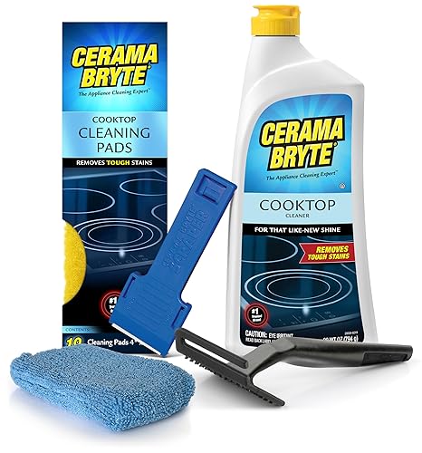 Cerama Bryte Complete Cooktop Cleaning Kit, 10 Cleaner Pads, 1 POW-R Grip Tool, 1 Scraper, and 1 Microfiber Cloth, 28 Fl Oz