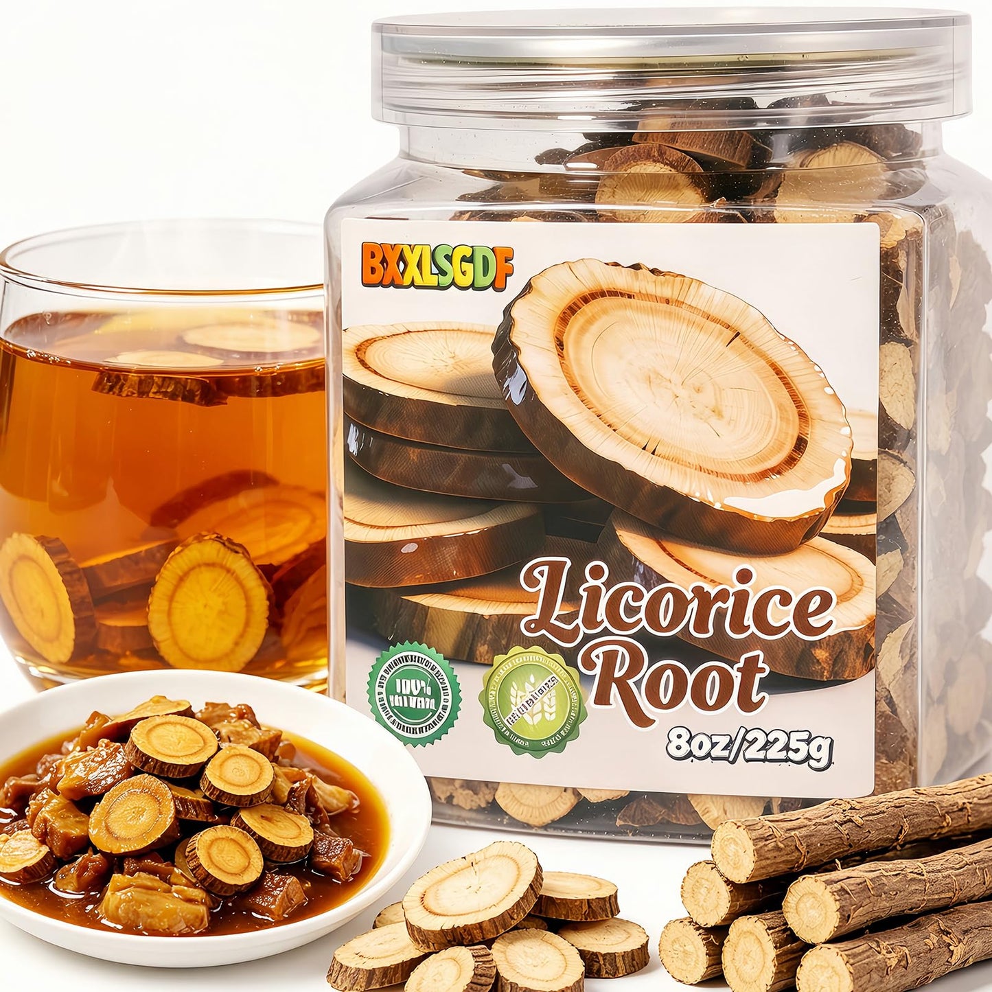 8oz Licorice Root Slices (Gan Cao) - Cut & Sifted, 100% Tea -, Reusable resealable jar