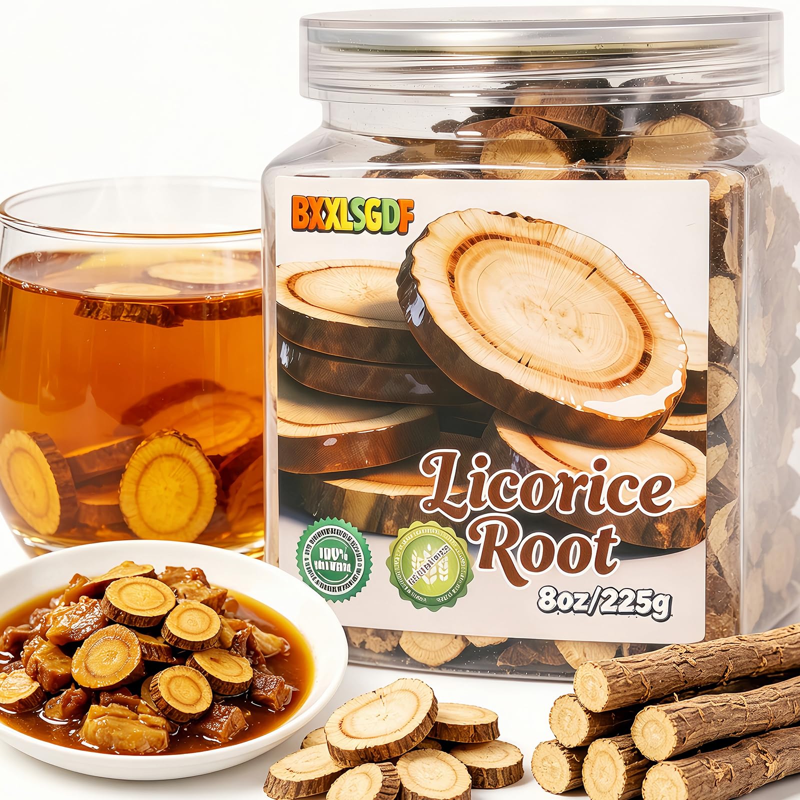 8oz Licorice Root Slices (Gan Cao) - Cut & Sifted, 100% Tea -, Reusable resealable jar